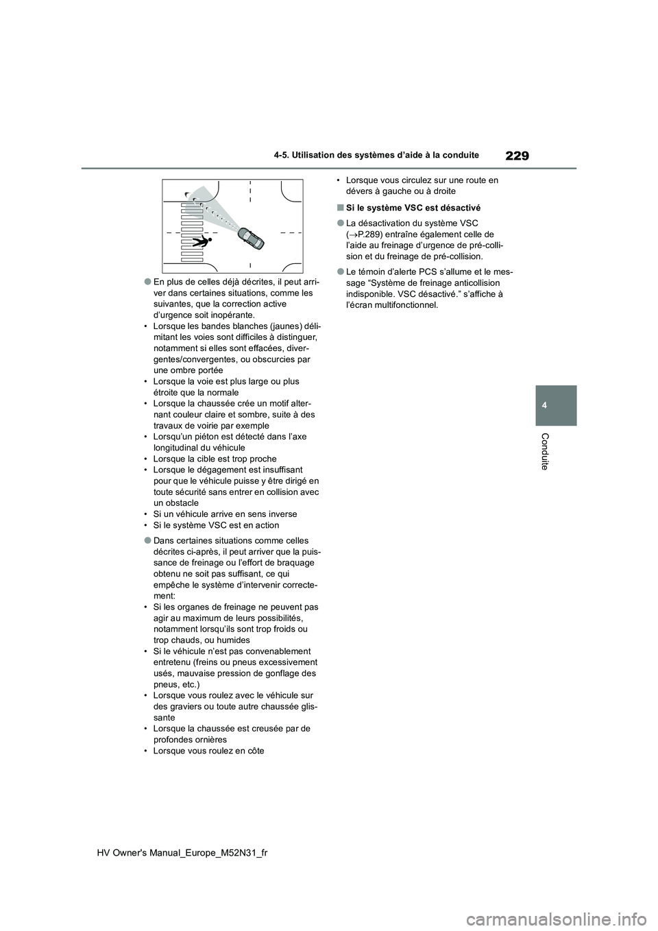 TOYOTA YARIS 2022  Notices Demploi (in French) 229
4
HV Owner's Manual_Europe_M52N31_fr
4-5. Utilisation des systèmes d’aide à la conduite
Conduite
●En plus de celles déjà décrites, il peut arri- ver dans certaines situations, comme l