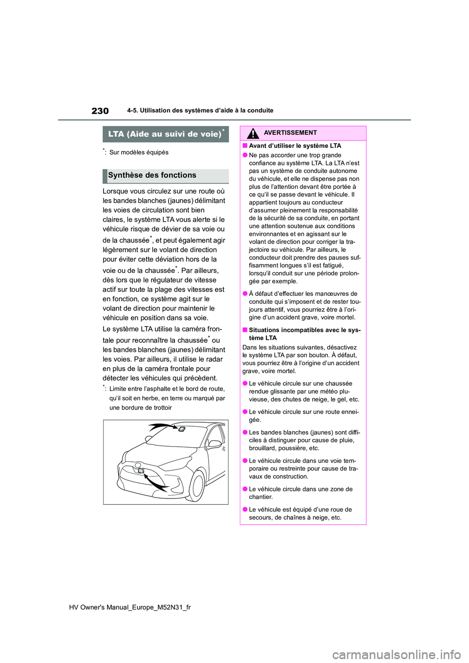 TOYOTA YARIS 2022  Notices Demploi (in French) 230
HV Owner's Manual_Europe_M52N31_fr
4-5. Utilisation des systèmes d’aide à la conduite
*: Sur modèles équipés
Lorsque vous circulez sur une route où  
les bandes blanches (jaunes) déli