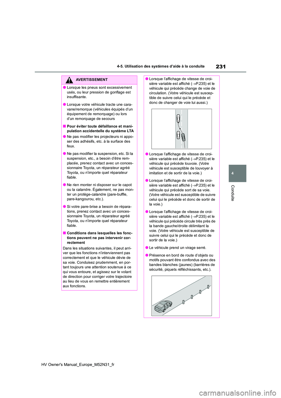 TOYOTA YARIS 2022  Notices Demploi (in French) 231
4
HV Owner's Manual_Europe_M52N31_fr
4-5. Utilisation des systèmes d’aide à la conduite
Conduite
AVERTISSEMENT
●Lorsque les pneus sont excessivement  
usés, ou leur pression de gonflage