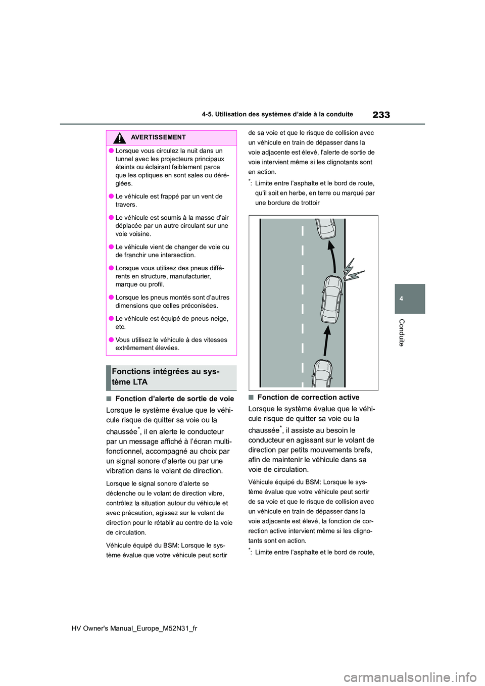 TOYOTA YARIS 2022  Notices Demploi (in French) 233
4
HV Owner's Manual_Europe_M52N31_fr
4-5. Utilisation des systèmes d’aide à la conduite
Conduite
■Fonction d’alerte de sortie de voie 
Lorsque le système évalue que le véhi- 
cule r