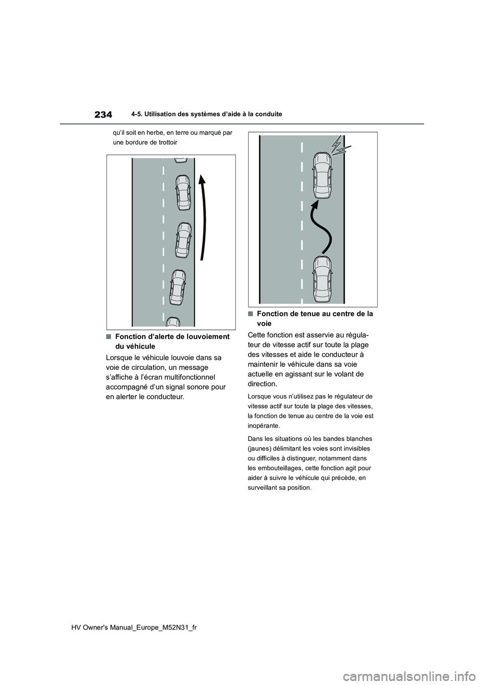 TOYOTA YARIS 2022  Notices Demploi (in French) 234
HV Owner's Manual_Europe_M52N31_fr
4-5. Utilisation des systèmes d’aide à la conduite 
qu’il soit en herbe, en terre ou marqué par  
une bordure de trottoir
■Fonction d’alerte de lo
