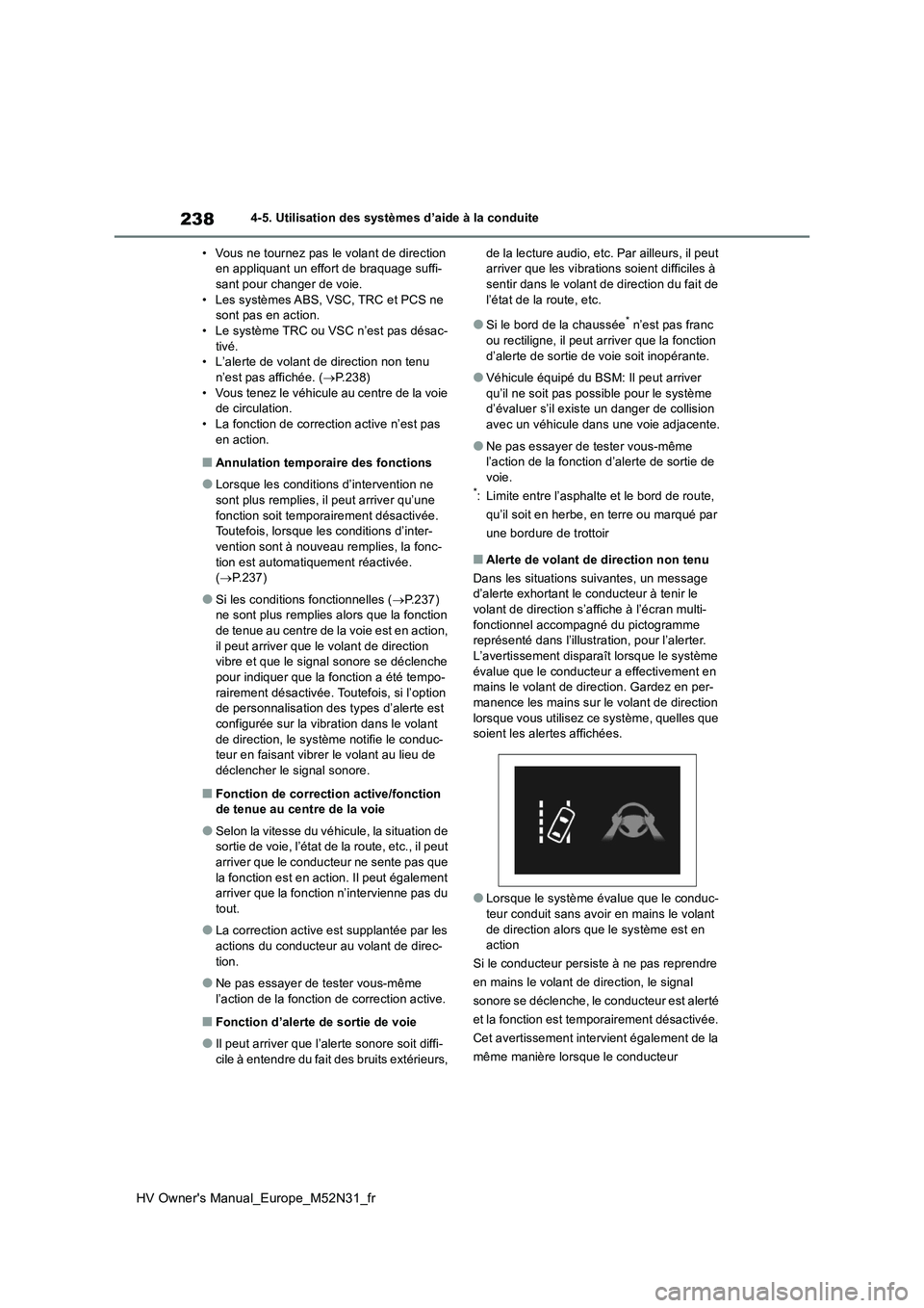 TOYOTA YARIS 2022 Notices Demploi (in French) 238
HV Owner's Manual_Europe_M52N31_fr
4-5. Utilisation des systèmes d’aide à la conduite
• Vous ne tournez pas le volant de direction en appliquant un effort de braquage suffi-sant pour c TOYOTA YARIS 2022 Notices Demploi (in French) 238
HV Owner's Manual_Europe_M52N31_fr
4-5. Utilisation des systèmes d’aide à la conduite
• Vous ne tournez pas le volant de direction en appliquant un effort de braquage suffi-sant pour c