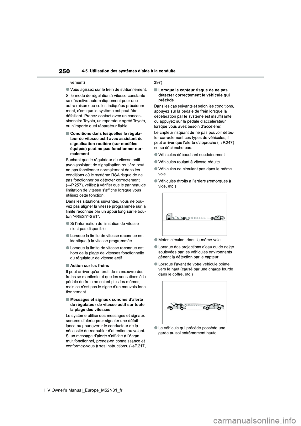 TOYOTA YARIS 2022  Notices Demploi (in French) 250
HV Owner's Manual_Europe_M52N31_fr
4-5. Utilisation des systèmes d’aide à la conduite 
vement)
●Vous agissez sur le frein de stationnement. 
Si le mode de régulation à vitesse constant
