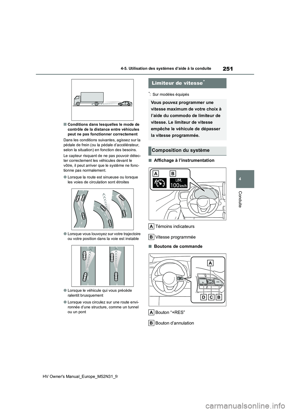 TOYOTA YARIS 2022  Notices Demploi (in French) 251
4
HV Owner's Manual_Europe_M52N31_fr
4-5. Utilisation des systèmes d’aide à la conduite
Conduite
■Conditions dans lesquelles le mode de  contrôle de la distance entre véhicules peut ne