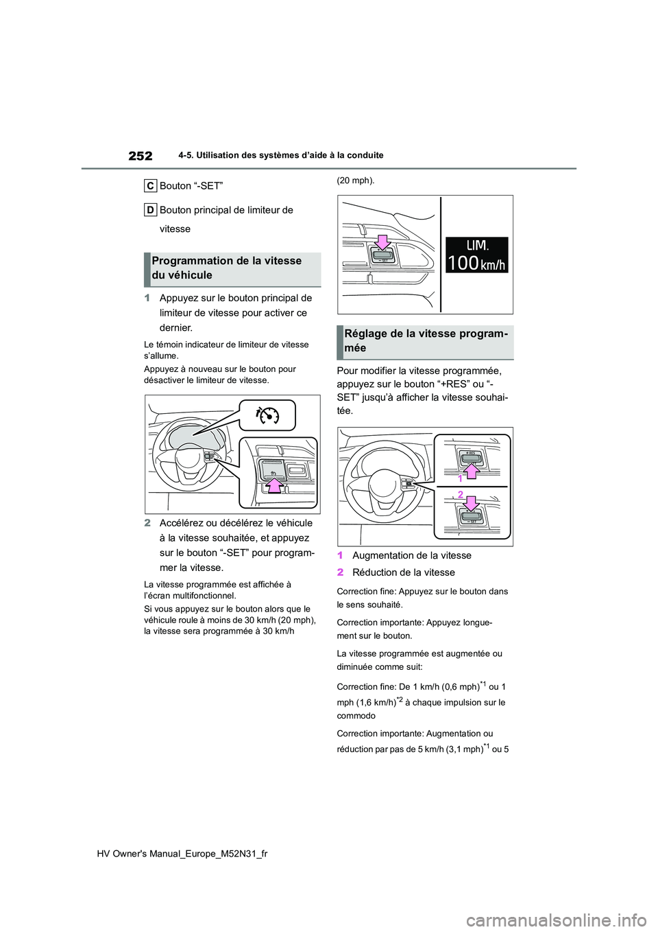 TOYOTA YARIS 2022  Notices Demploi (in French) 252
HV Owner's Manual_Europe_M52N31_fr
4-5. Utilisation des systèmes d’aide à la conduite
Bouton “-SET” 
Bouton principal de limiteur de  
vitesse 
1 Appuyez sur le bouton principal de  
l