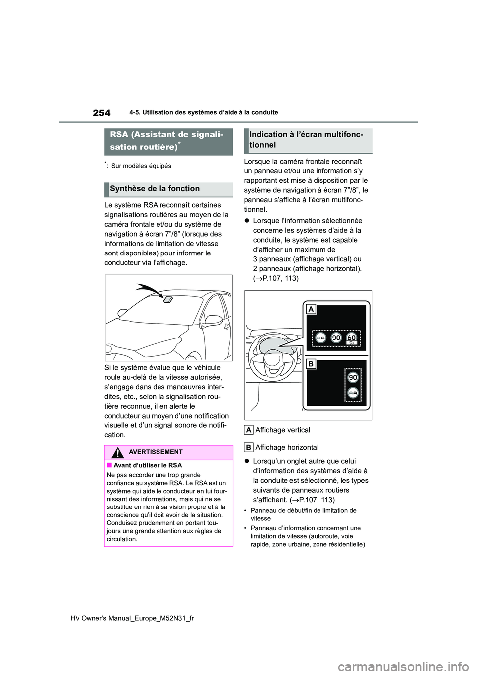 TOYOTA YARIS 2022  Notices Demploi (in French) 254
HV Owner's Manual_Europe_M52N31_fr
4-5. Utilisation des systèmes d’aide à la conduite
*: Sur modèles équipés
Le système RSA reconnaît certaines  
signalisations routières au moyen de