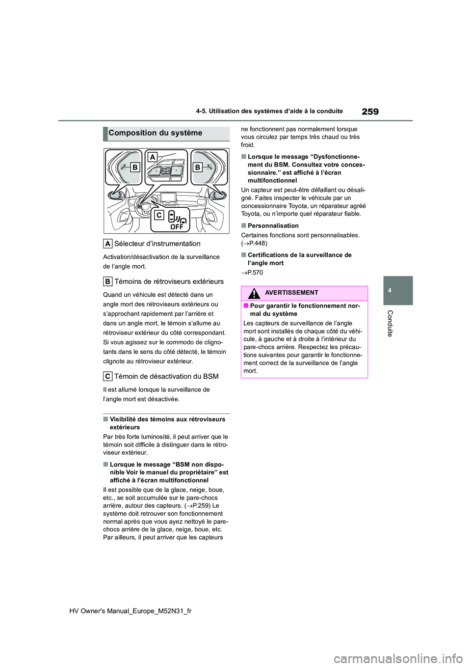 TOYOTA YARIS 2022  Notices Demploi (in French) 259
4
HV Owner's Manual_Europe_M52N31_fr
4-5. Utilisation des systèmes d’aide à la conduite
Conduite
Sélecteur d’instrumentation
Activation/désactivation de la surveillance  
de l’angle 