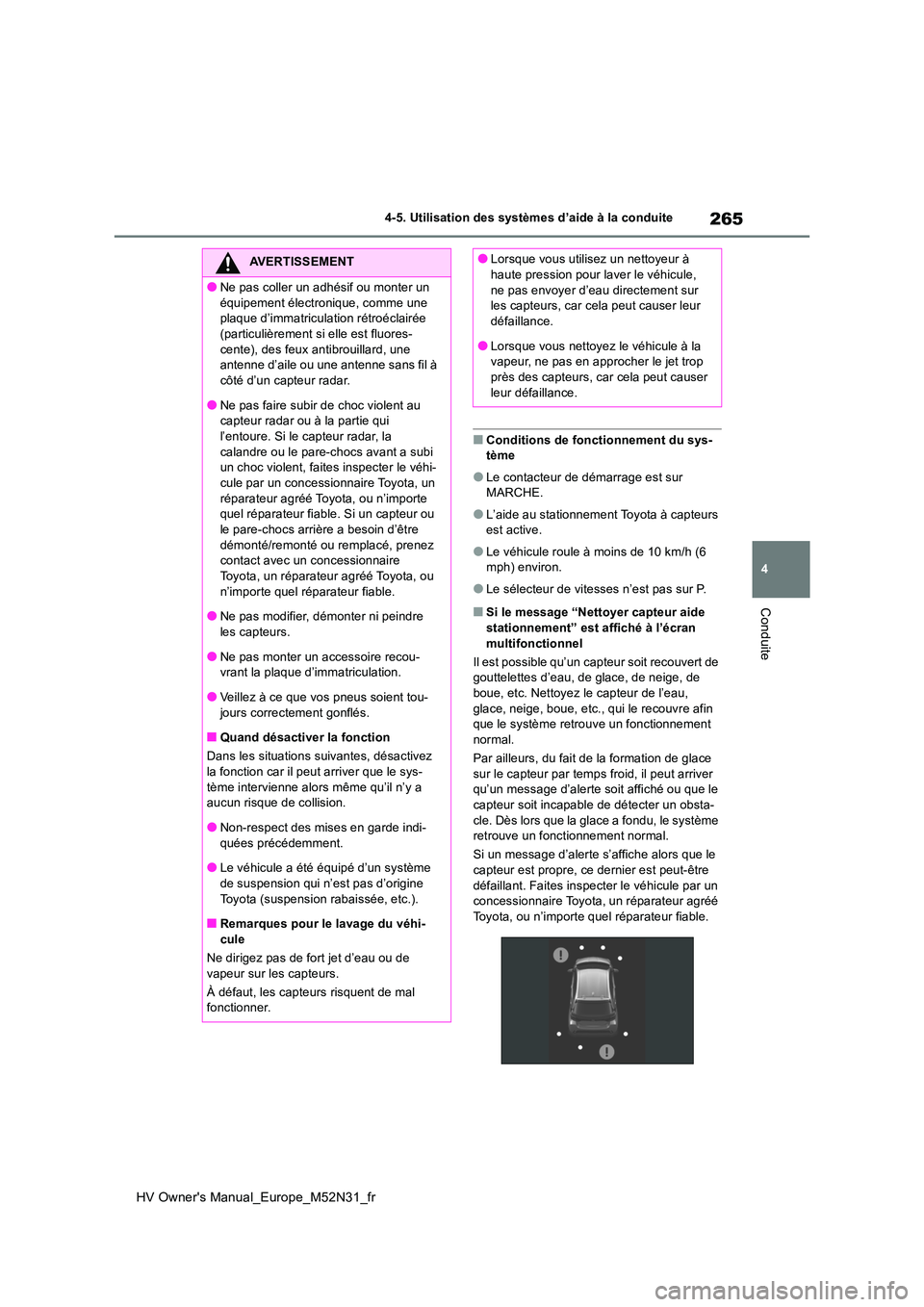 TOYOTA YARIS 2022  Notices Demploi (in French) 265
4
HV Owner's Manual_Europe_M52N31_fr
4-5. Utilisation des systèmes d’aide à la conduite
Conduite
■Conditions de fonctionnement du sys- tème
●Le contacteur de démarrage est sur MARCHE