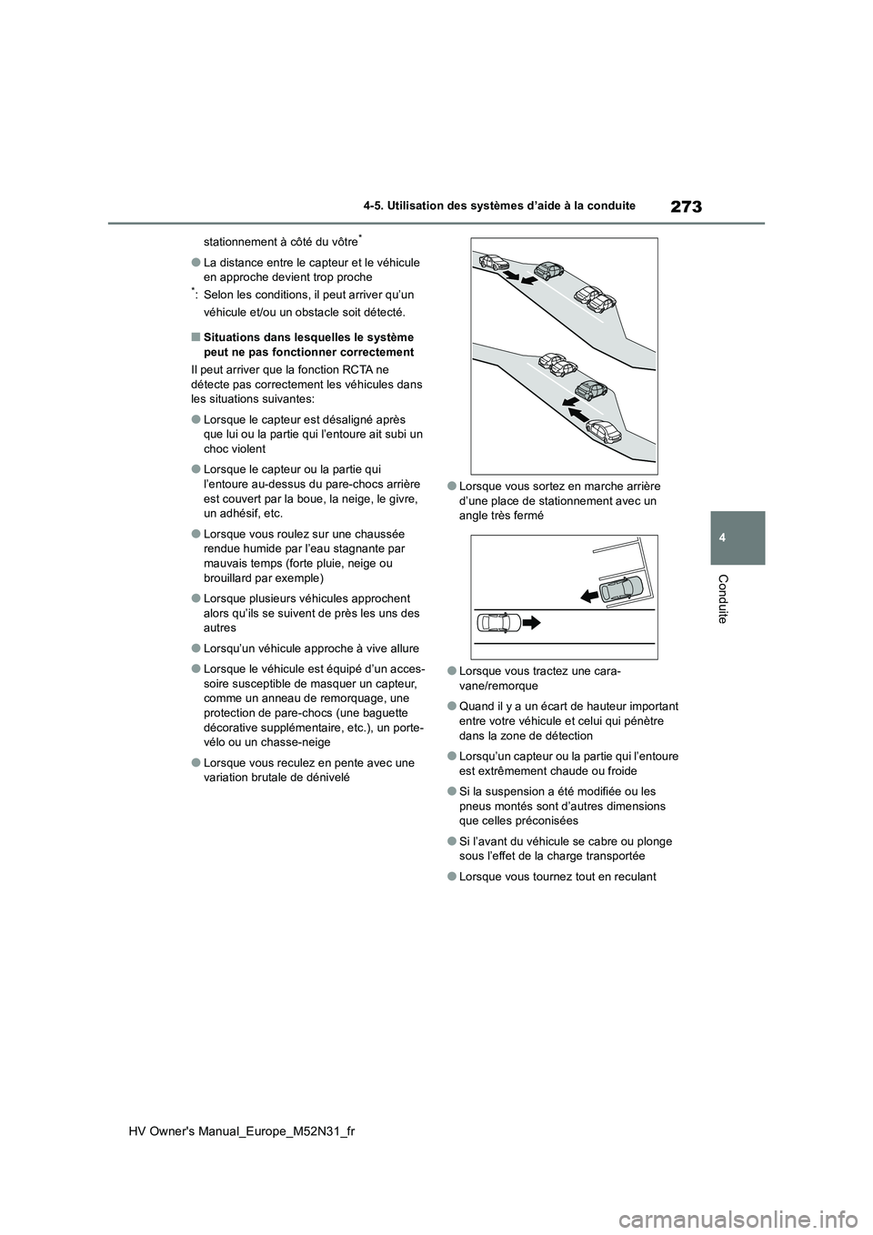 TOYOTA YARIS 2022  Notices Demploi (in French) 273
4
HV Owner's Manual_Europe_M52N31_fr
4-5. Utilisation des systèmes d’aide à la conduite
Conduite
stationnement à côté du vôtre*
●La distance entre le capteur et le véhicule  en appr