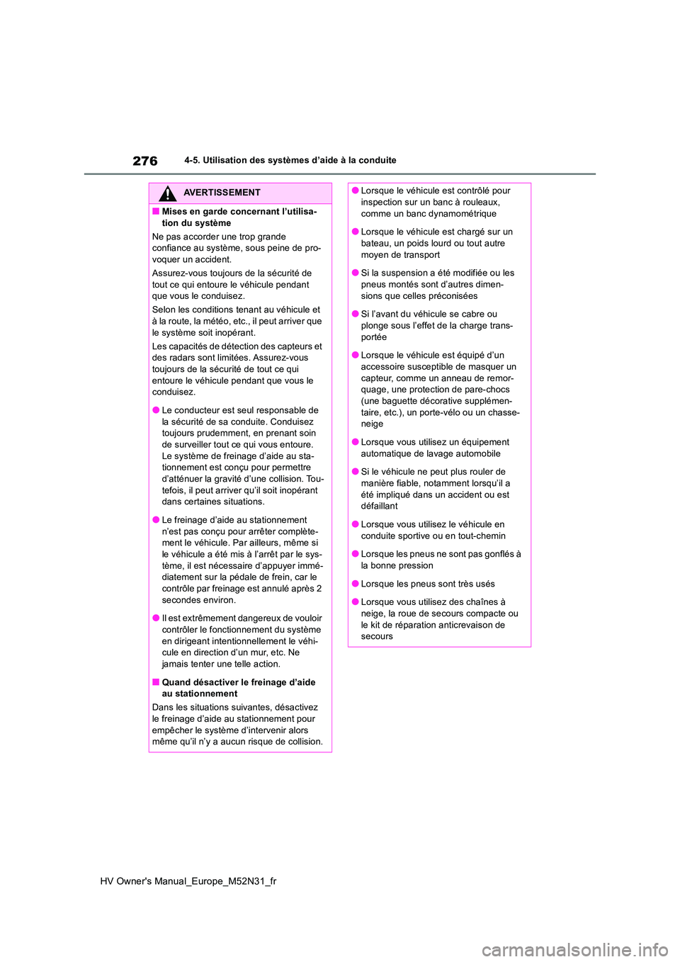 TOYOTA YARIS 2022  Notices Demploi (in French) 276
HV Owner's Manual_Europe_M52N31_fr
4-5. Utilisation des systèmes d’aide à la conduite
AVERTISSEMENT
■Mises en garde concernant l’utilisa- 
tion du système 
Ne pas accorder une trop gr