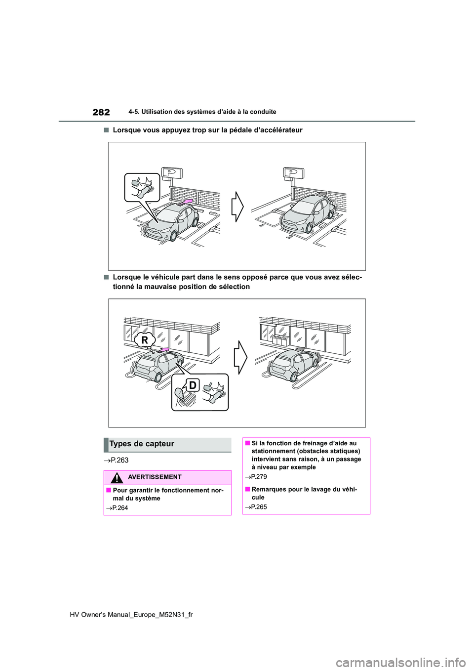 TOYOTA YARIS 2022  Notices Demploi (in French) 282
HV Owner's Manual_Europe_M52N31_fr
4-5. Utilisation des systèmes d’aide à la conduite
■Lorsque vous appuyez trop sur la pédale d’accélérateur
■Lorsque le véhicule part dans le se