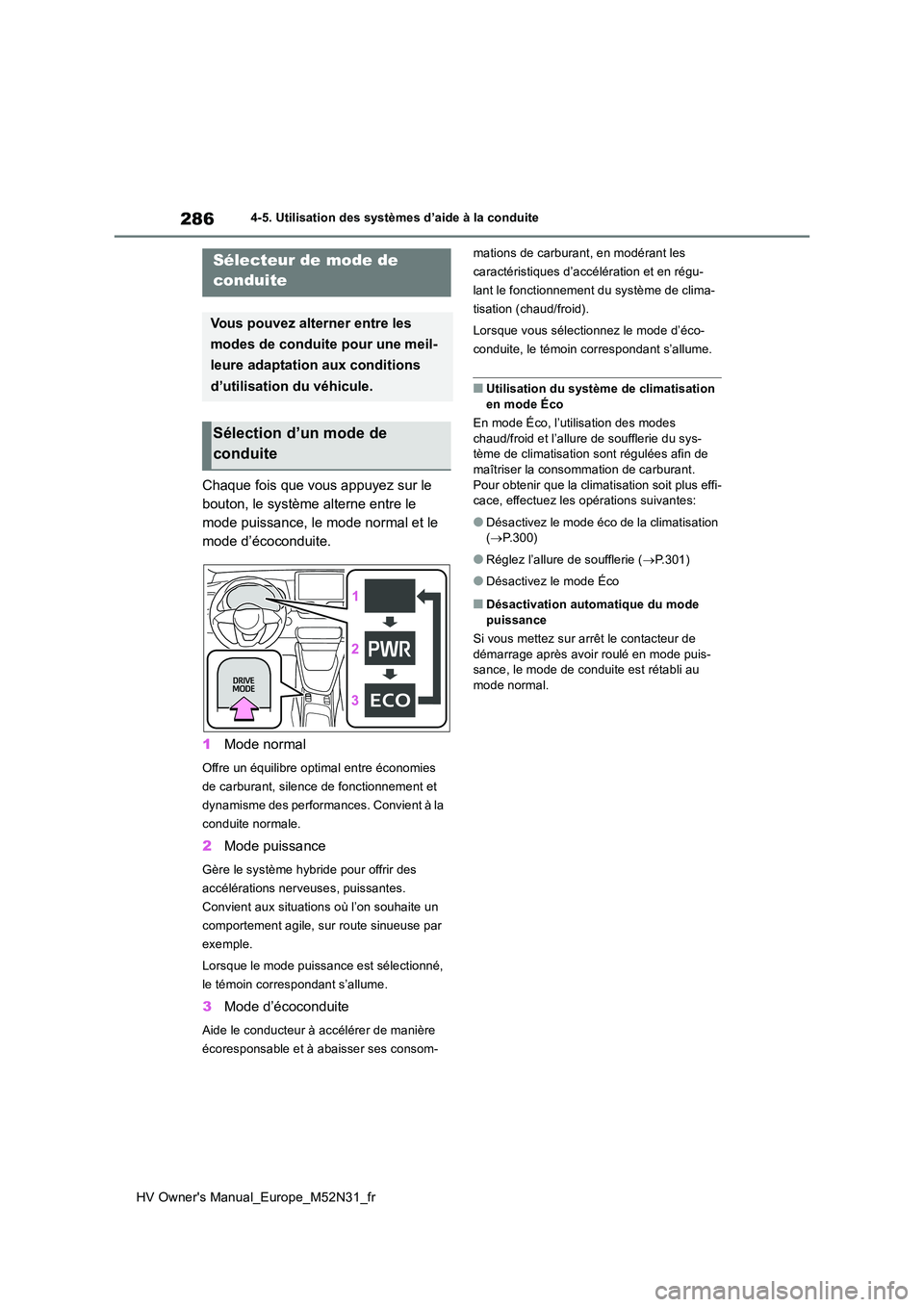 TOYOTA YARIS 2022  Notices Demploi (in French) 286
HV Owner's Manual_Europe_M52N31_fr
4-5. Utilisation des systèmes d’aide à la conduite
Chaque fois que vous appuyez sur le  
bouton, le système alterne entre le 
mode puissance, le mode no