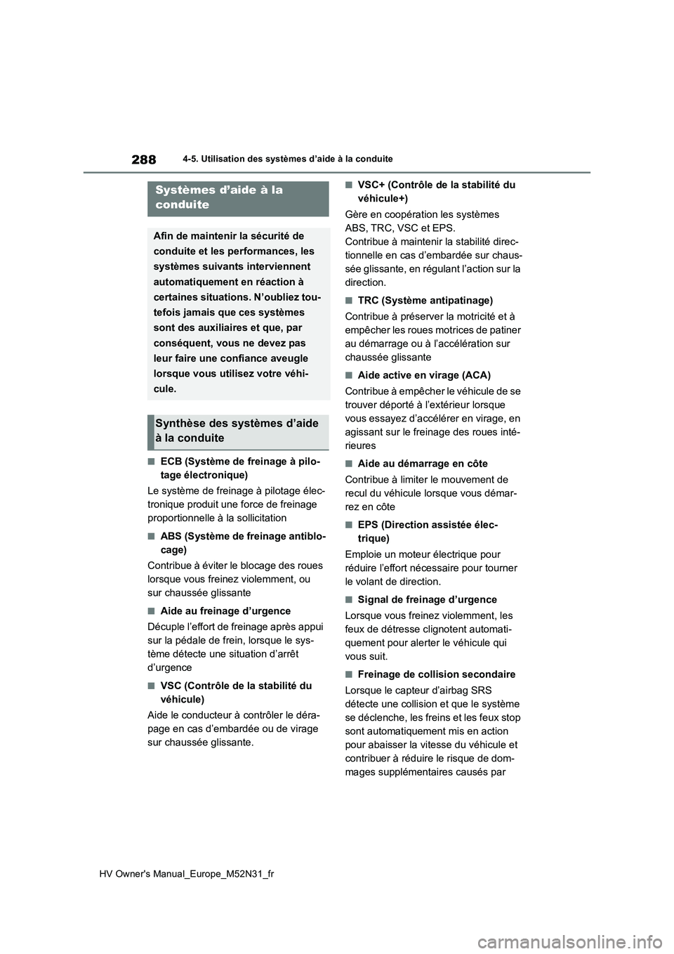 TOYOTA YARIS 2022  Notices Demploi (in French) 288
HV Owner's Manual_Europe_M52N31_fr
4-5. Utilisation des systèmes d’aide à la conduite
■ECB (Système de freinage à pilo- 
tage électronique) 
Le système de freinage à pilotage élec-