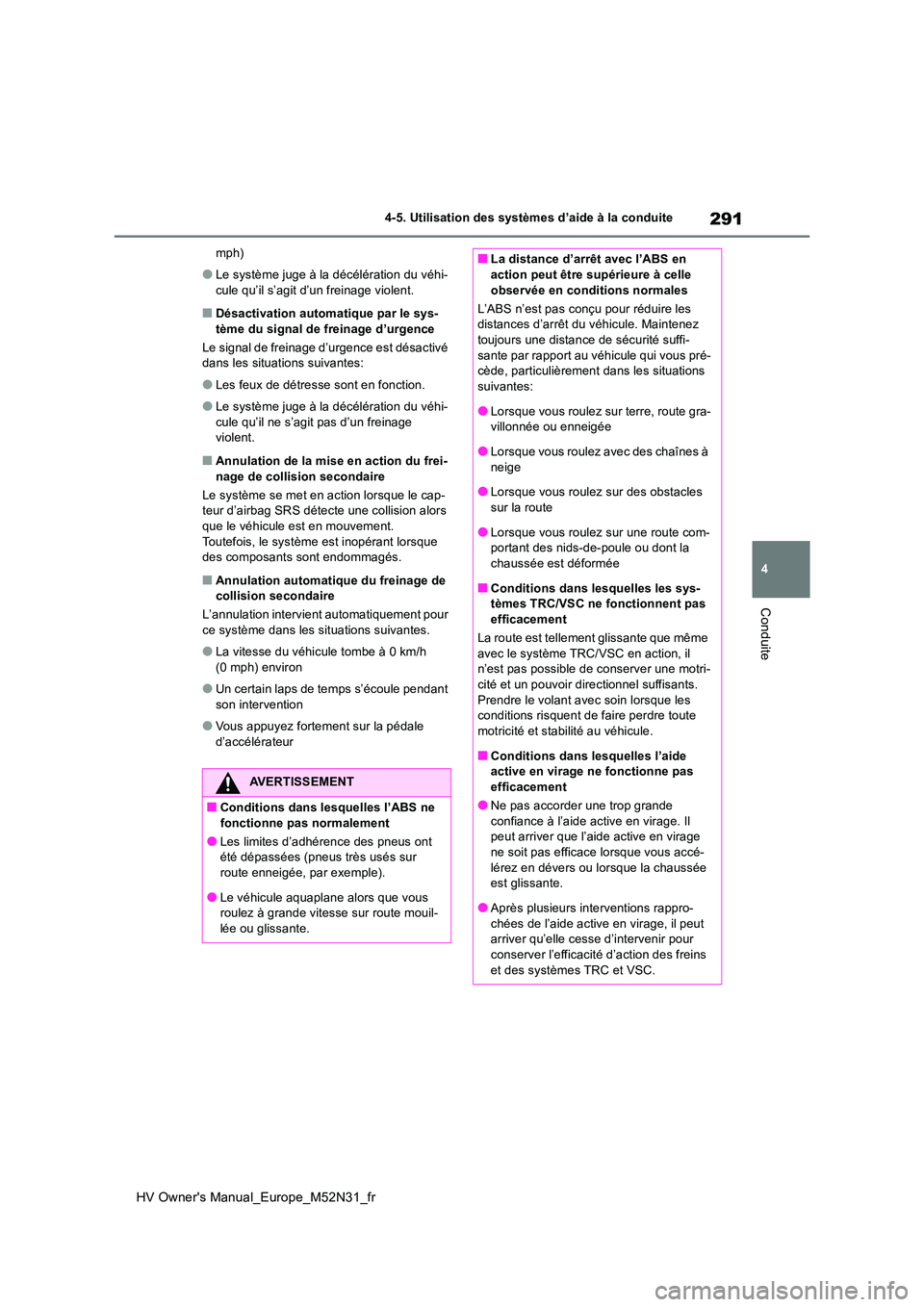 TOYOTA YARIS 2022  Notices Demploi (in French) 291
4
HV Owner's Manual_Europe_M52N31_fr
4-5. Utilisation des systèmes d’aide à la conduite
Conduite
mph)
●Le système juge à la décélération du véhi- 
cule qu’il s’agit d’un frei