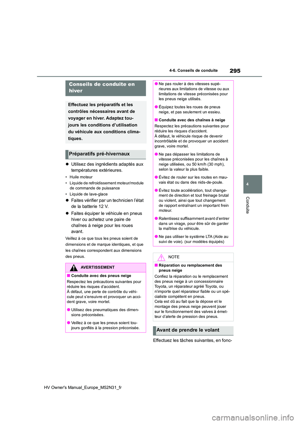 TOYOTA YARIS 2022  Notices Demploi (in French) 295
4
HV Owner's Manual_Europe_M52N31_fr
4-6. Conseils de conduite
Conduite
Utilisez des ingrédients adaptés aux  
températures extérieures.
• Huile moteur 
• Liquide de refroidissement