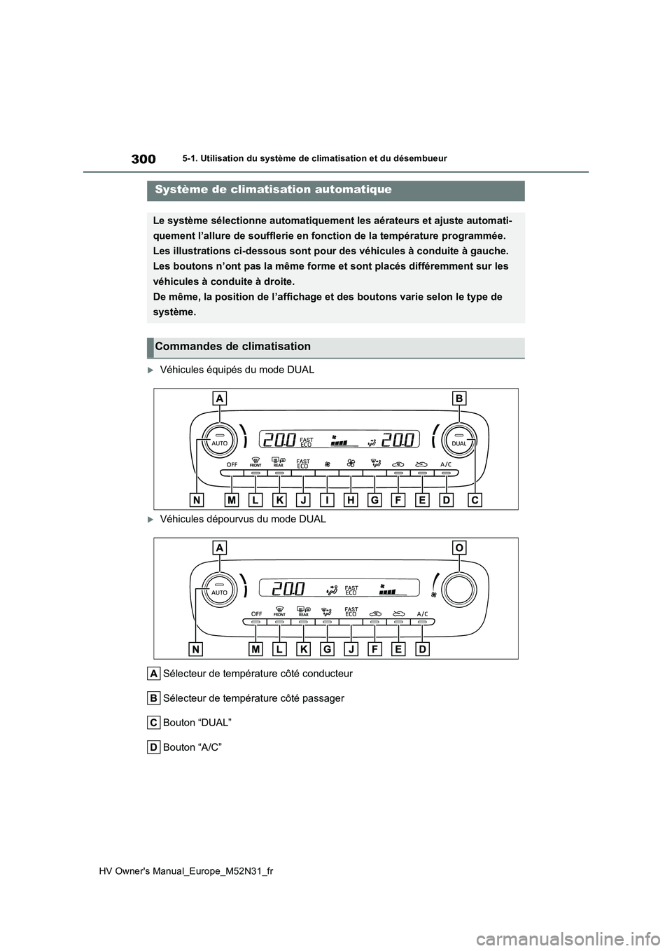 TOYOTA YARIS 2022  Notices Demploi (in French) 300
HV Owner's Manual_Europe_M52N31_fr
5-1. Utilisation du système de climatisation et du désembueur
5-1.Utilis ation du sys tè me  de  c limatisa tion et du  dé sembue ur
Véhicules équip