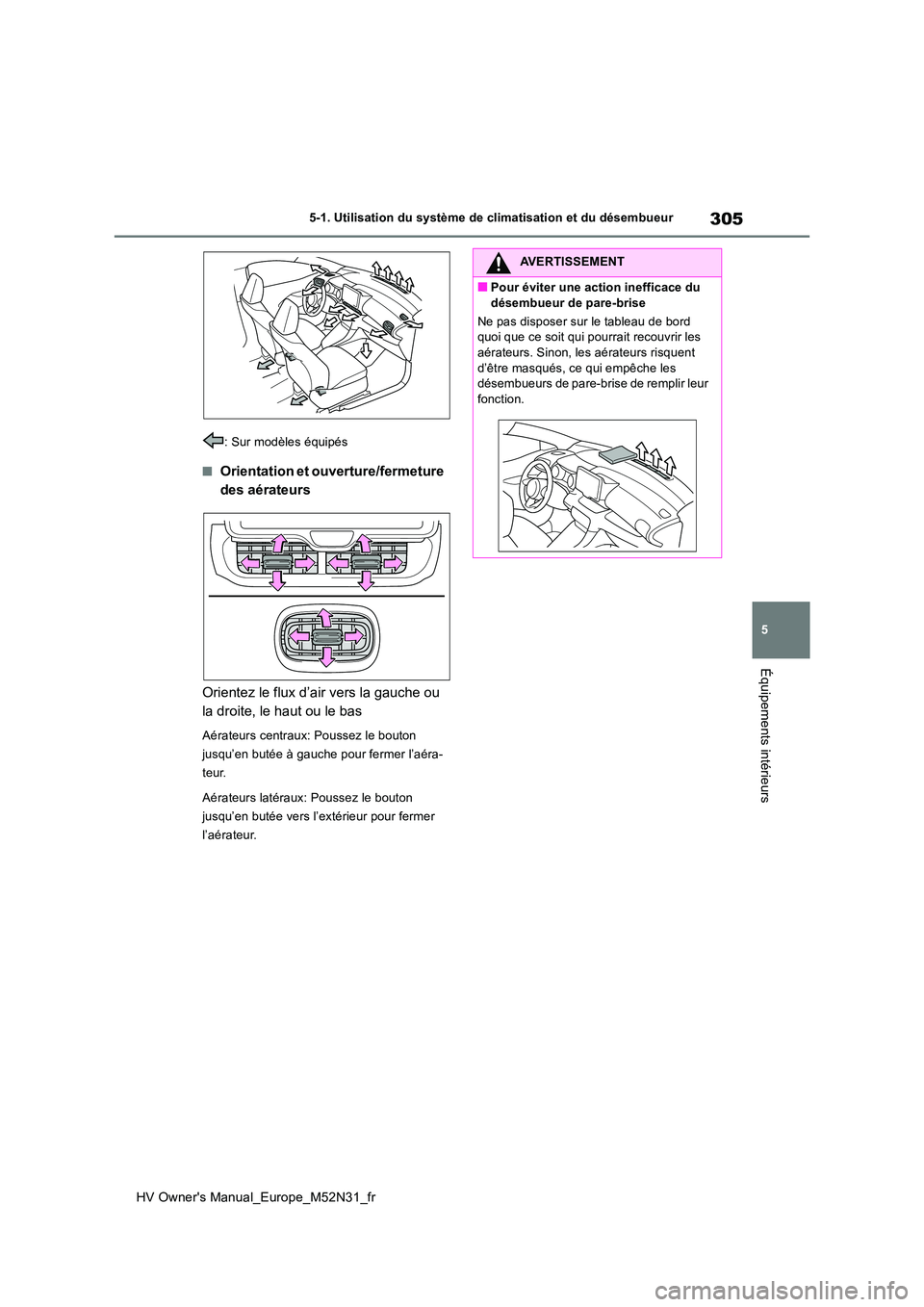 TOYOTA YARIS 2022  Notices Demploi (in French) 305
5
HV Owner's Manual_Europe_M52N31_fr
5-1. Utilisation du système de climatisation et du désembueur
Équipements intérieurs
: Sur modèles équipés
■Orientation et ouverture/fermeture  
d