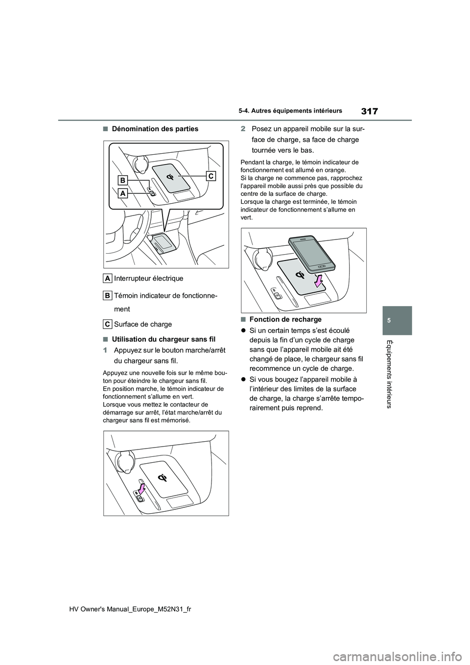 TOYOTA YARIS 2022  Notices Demploi (in French) 317
5
HV Owner's Manual_Europe_M52N31_fr
5-4. Autres équipements intérieurs
Équipements intérieurs
■Dénomination des parties 
Interrupteur électrique 
Témoin indicateur de fonctionne- 
me