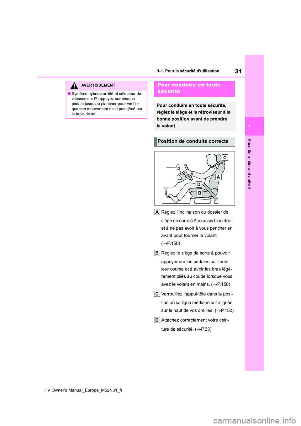 TOYOTA YARIS 2022 Notices Demploi (in French) 31
1
HV Owner's Manual_Europe_M52N31_fr
1-1. Pour la sécurité d’utilisation
Sécurité routière et antivol
Réglez l’inclinaison du dossier de
siège de sorte à être assis bien droit
TOYOTA YARIS 2022 Notices Demploi (in French) 31
1
HV Owner's Manual_Europe_M52N31_fr
1-1. Pour la sécurité d’utilisation
Sécurité routière et antivol
Réglez l’inclinaison du dossier de
siège de sorte à être assis bien droit
