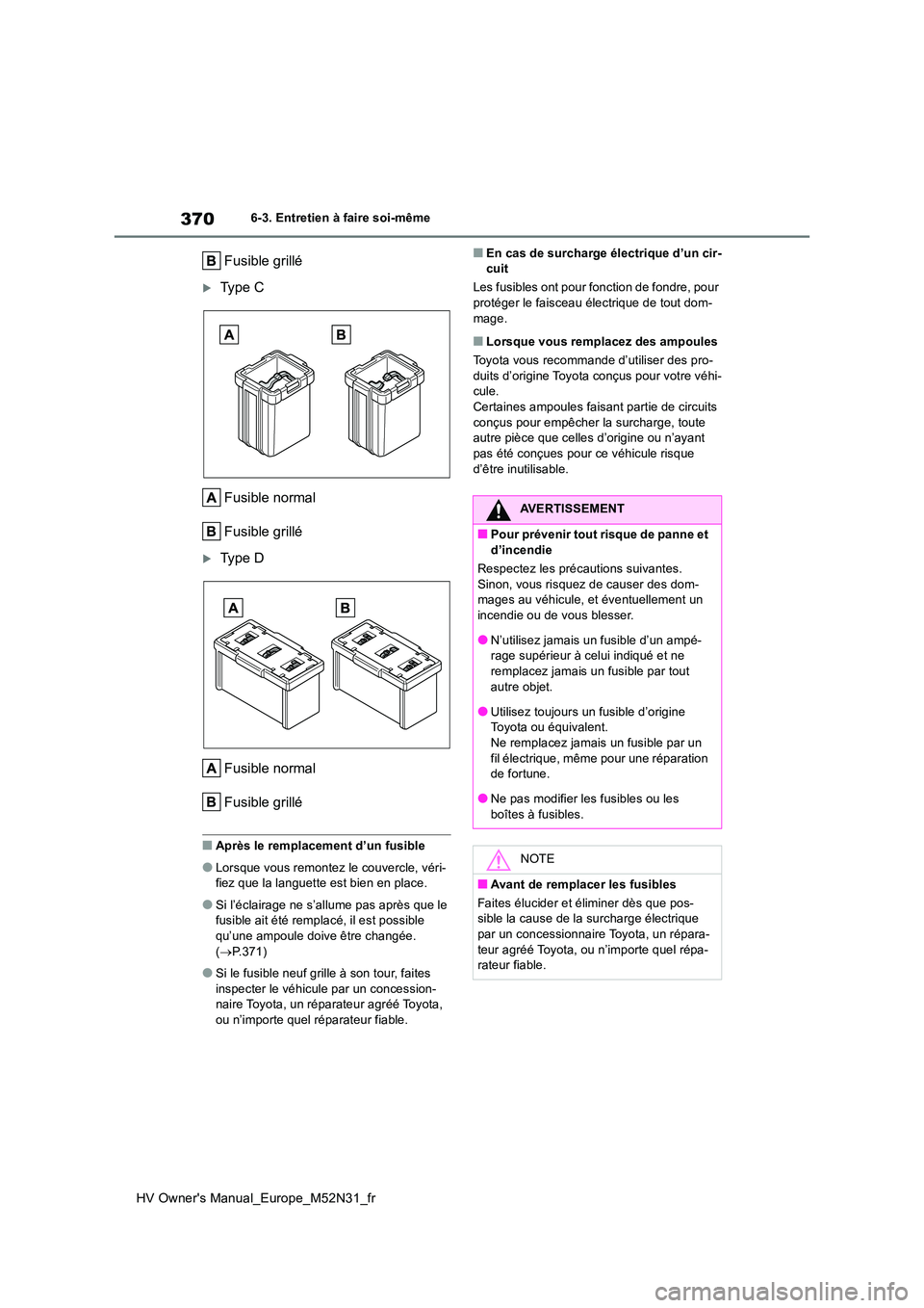 TOYOTA YARIS 2022  Notices Demploi (in French) 370
HV Owner's Manual_Europe_M52N31_fr
6-3. Entretien à faire soi-même
Fusible grillé
Ty p e   C 
Fusible normal 
Fusible grillé
Ty p e   D 
Fusible normal 
Fusible grillé
■Après le 