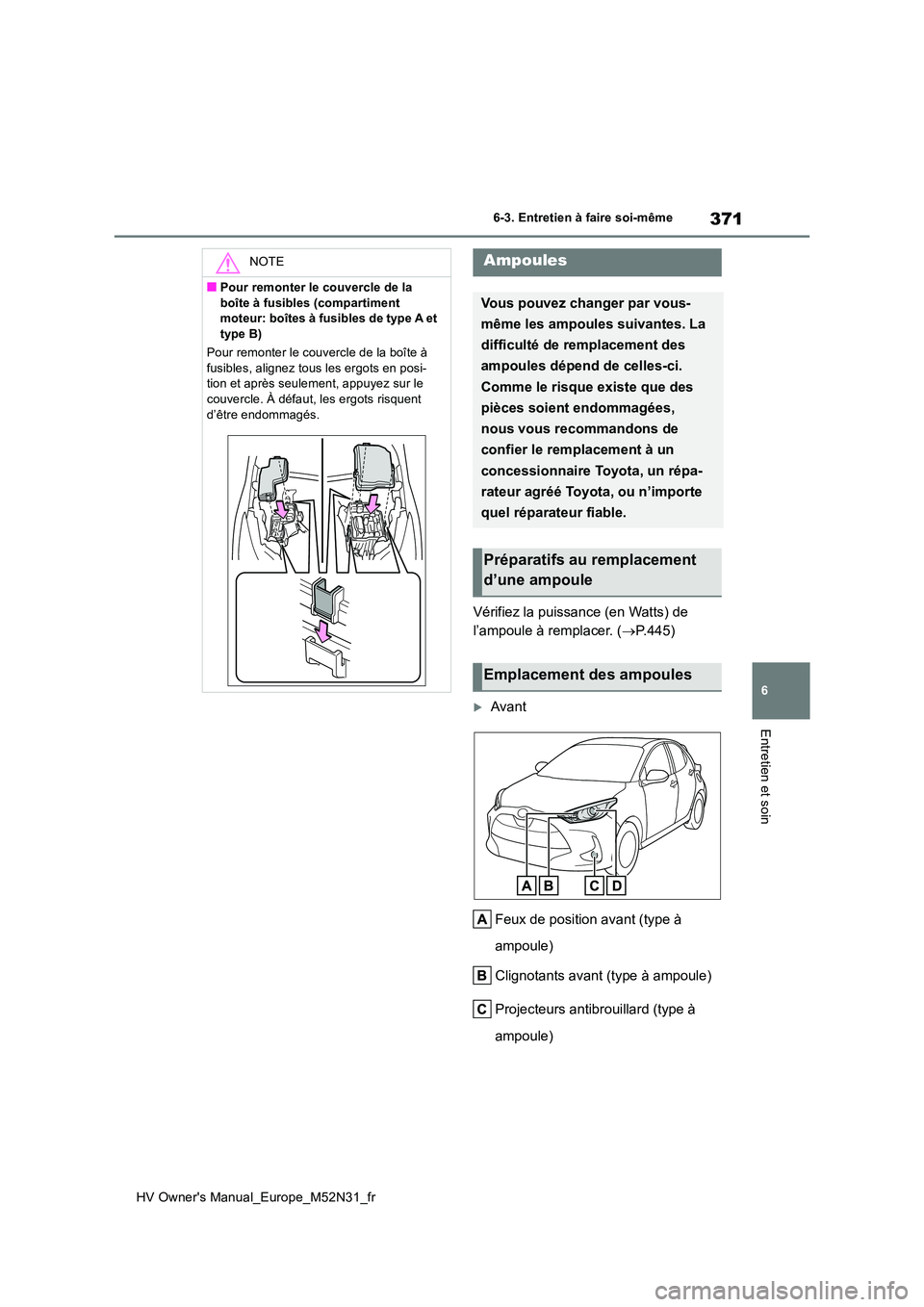 TOYOTA YARIS 2022  Notices Demploi (in French) 371
6
HV Owner's Manual_Europe_M52N31_fr
6-3. Entretien à faire soi-même
Entretien et soin
Vérifiez la puissance (en Watts) de  
l’ampoule à remplacer. ( P.445)
Avant 
Feux de position