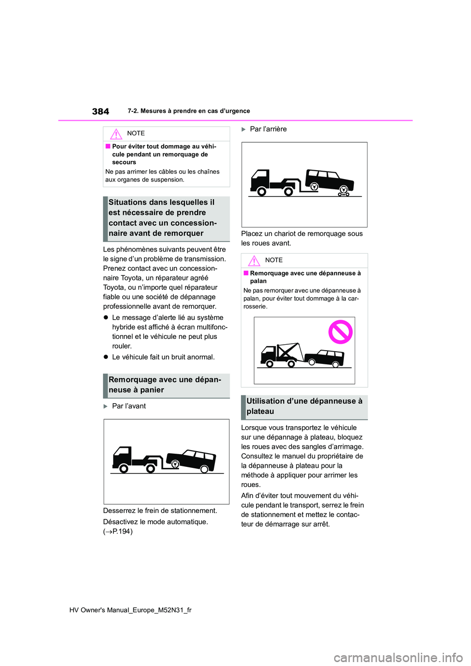 TOYOTA YARIS 2022  Notices Demploi (in French) 384
HV Owner's Manual_Europe_M52N31_fr
7-2. Mesures à prendre en cas d’urgence
Les phénomènes suivants peuvent être  
le signe d’un problème de transmission. 
Prenez contact avec un conce