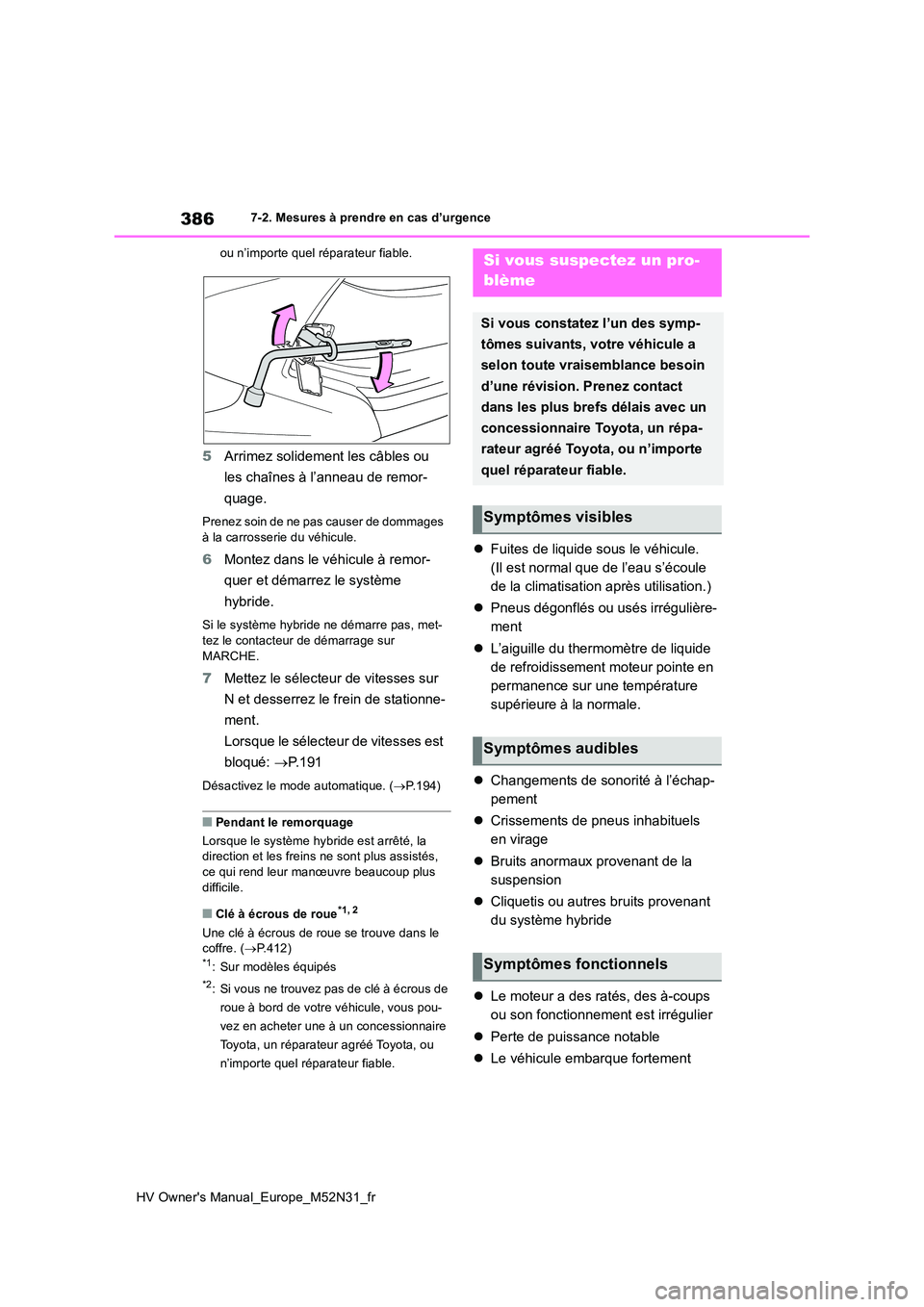 TOYOTA YARIS 2022  Notices Demploi (in French) 386
HV Owner's Manual_Europe_M52N31_fr
7-2. Mesures à prendre en cas d’urgence 
ou n’importe quel réparateur fiable.
5 Arrimez solidement les câbles ou  
les chaînes à l’anneau de remor
