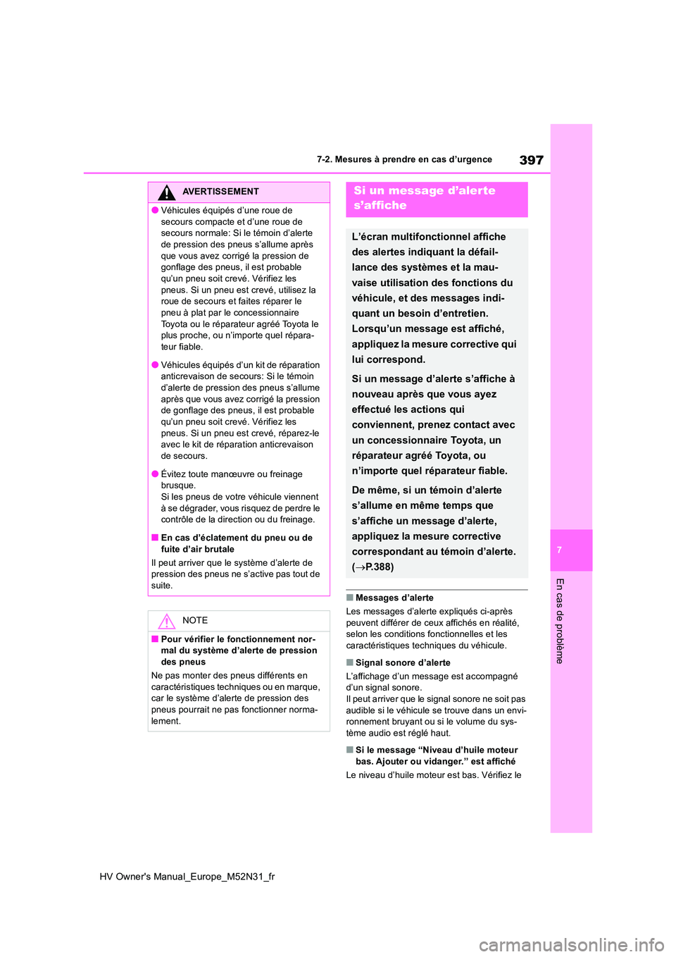 TOYOTA YARIS 2022  Notices Demploi (in French) 397
7
HV Owner's Manual_Europe_M52N31_fr
7-2. Mesures à prendre en cas d’urgence
En cas de problème
■Messages d’alerte 
Les messages d’alerte  expliqués ci-après  peuvent différer de 