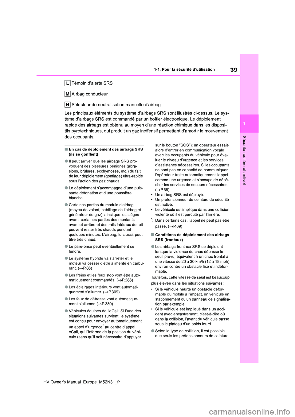 TOYOTA YARIS 2022  Notices Demploi (in French) 39
1
HV Owner's Manual_Europe_M52N31_fr
1-1. Pour la sécurité d’utilisation
Sécurité routière et antivol
Témoin d’alerte SRS 
Airbag conducteur
Sélecteur de neutralisation manuelle d’