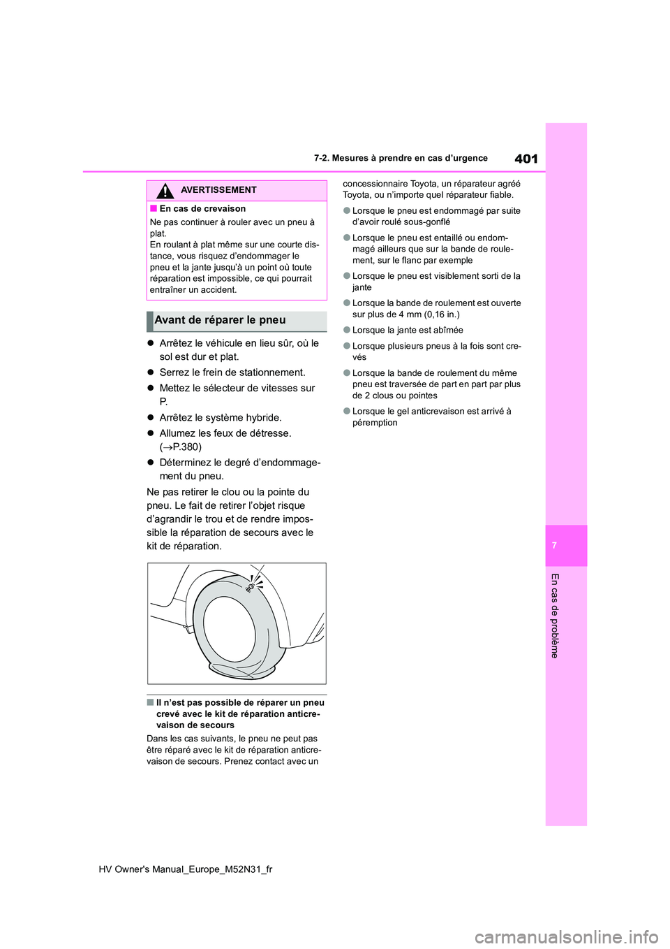 TOYOTA YARIS 2022  Notices Demploi (in French) 401
7
HV Owner's Manual_Europe_M52N31_fr
7-2. Mesures à prendre en cas d’urgence
En cas de problème
Arrêtez le véhicule en lieu sûr, où le  
sol est dur et plat. 
 Serrez le frein de