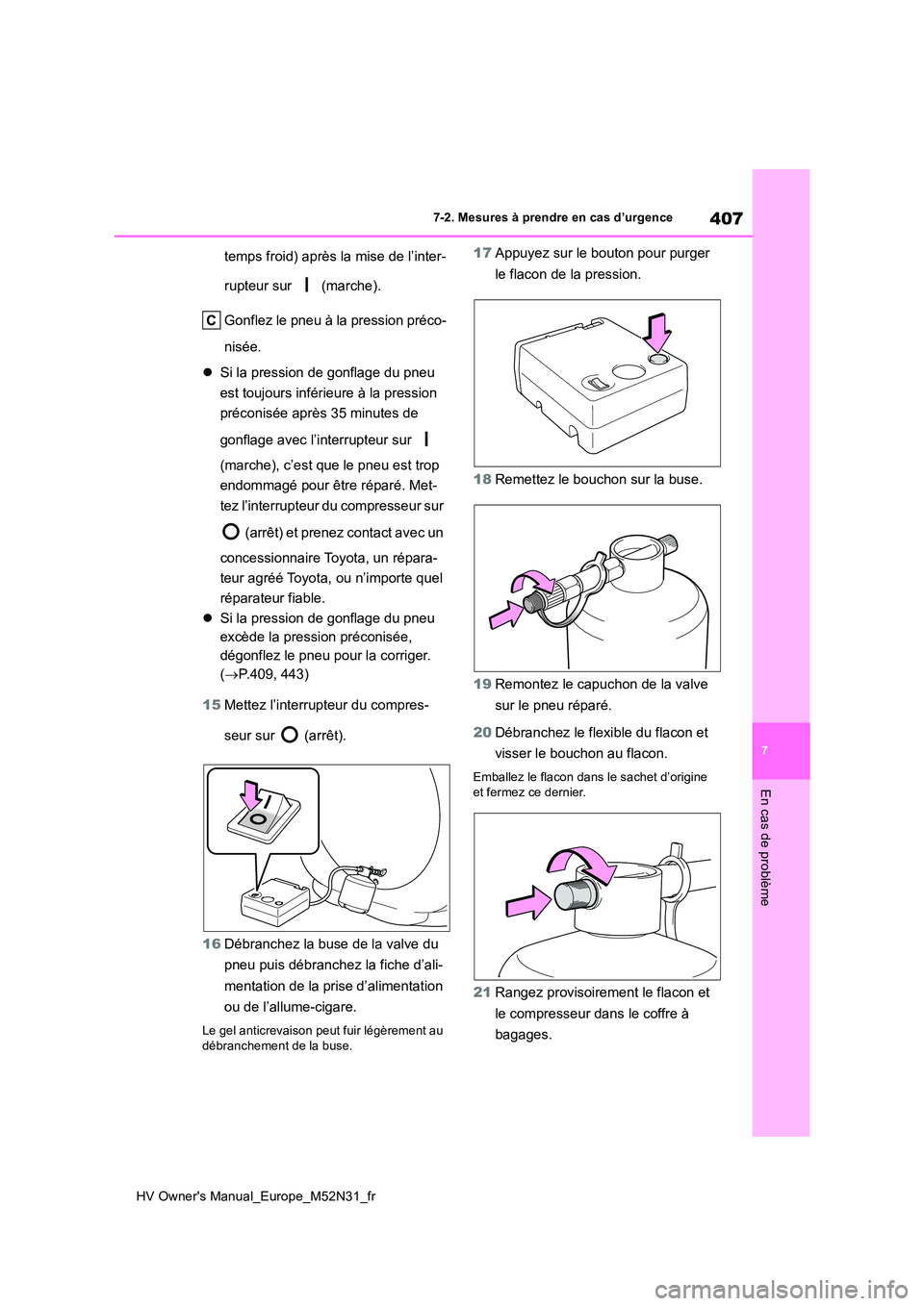 TOYOTA YARIS 2022  Notices Demploi (in French) 407
7
HV Owner's Manual_Europe_M52N31_fr
7-2. Mesures à prendre en cas d’urgence
En cas de problème
temps froid) après la mise de l’inter- 
rupteur sur   (marche). 
Gonflez le pneu à la pr