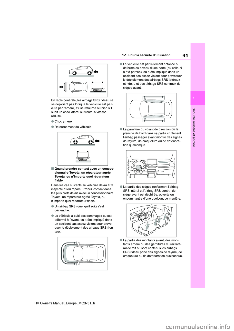 TOYOTA YARIS 2022 Notices Demploi (in French) 41
1
HV Owner's Manual_Europe_M52N31_fr
1-1. Pour la sécurité d’utilisation
Sécurité routière et antivol
En règle générale, les airbags SRS rideau ne se déploient pas lorsque le véhic TOYOTA YARIS 2022 Notices Demploi (in French) 41
1
HV Owner's Manual_Europe_M52N31_fr
1-1. Pour la sécurité d’utilisation
Sécurité routière et antivol
En règle générale, les airbags SRS rideau ne se déploient pas lorsque le véhic