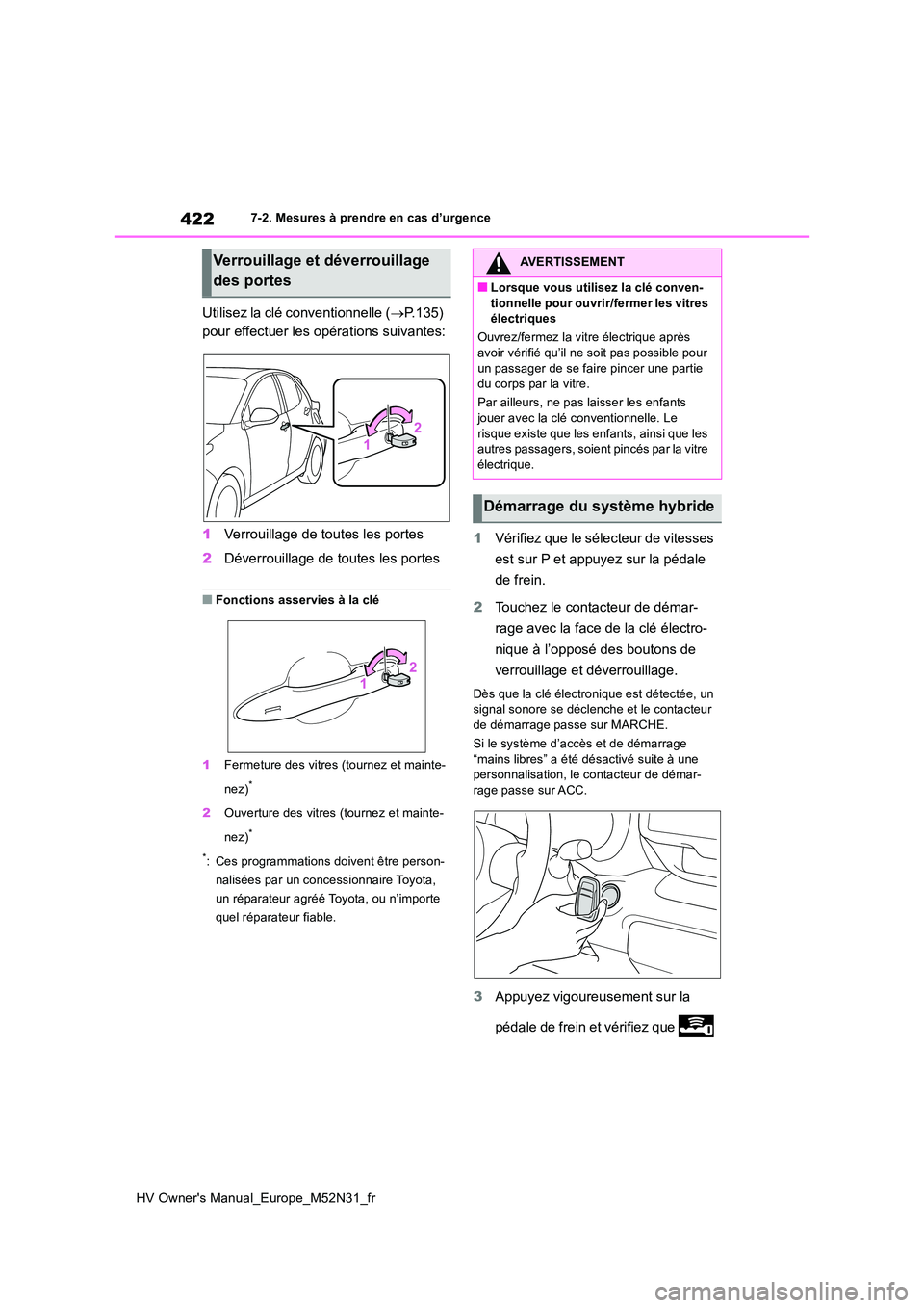 TOYOTA YARIS 2022  Notices Demploi (in French) 422
HV Owner's Manual_Europe_M52N31_fr
7-2. Mesures à prendre en cas d’urgence
Utilisez la clé conventionnelle (P.135)  
pour effectuer les opérations suivantes: 
1 Verrouillage de toutes 