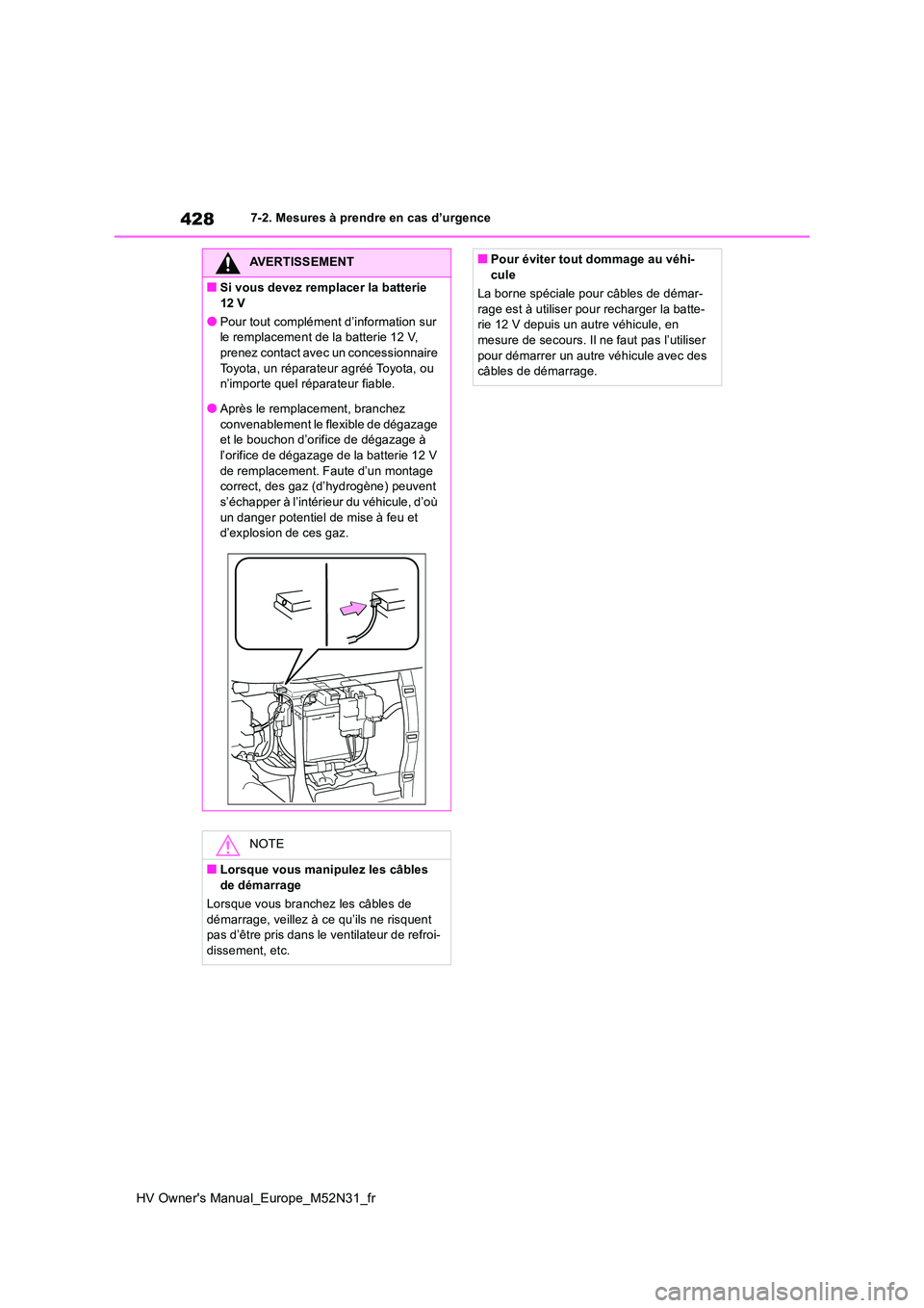 TOYOTA YARIS 2022  Notices Demploi (in French) 428
HV Owner's Manual_Europe_M52N31_fr
7-2. Mesures à prendre en cas d’urgence
AVERTISSEMENT
■Si vous devez remplacer la batterie  
12 V
●Pour tout complément d’information sur  le rempl