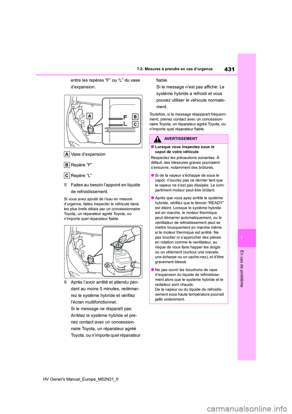 TOYOTA YARIS 2022  Notices Demploi (in French) 431
7
HV Owner's Manual_Europe_M52N31_fr
7-2. Mesures à prendre en cas d’urgence
En cas de problème
entre les repères “F” ou “L” du vase  
d’expansion. 
Vase d’expansion 
Repère 
