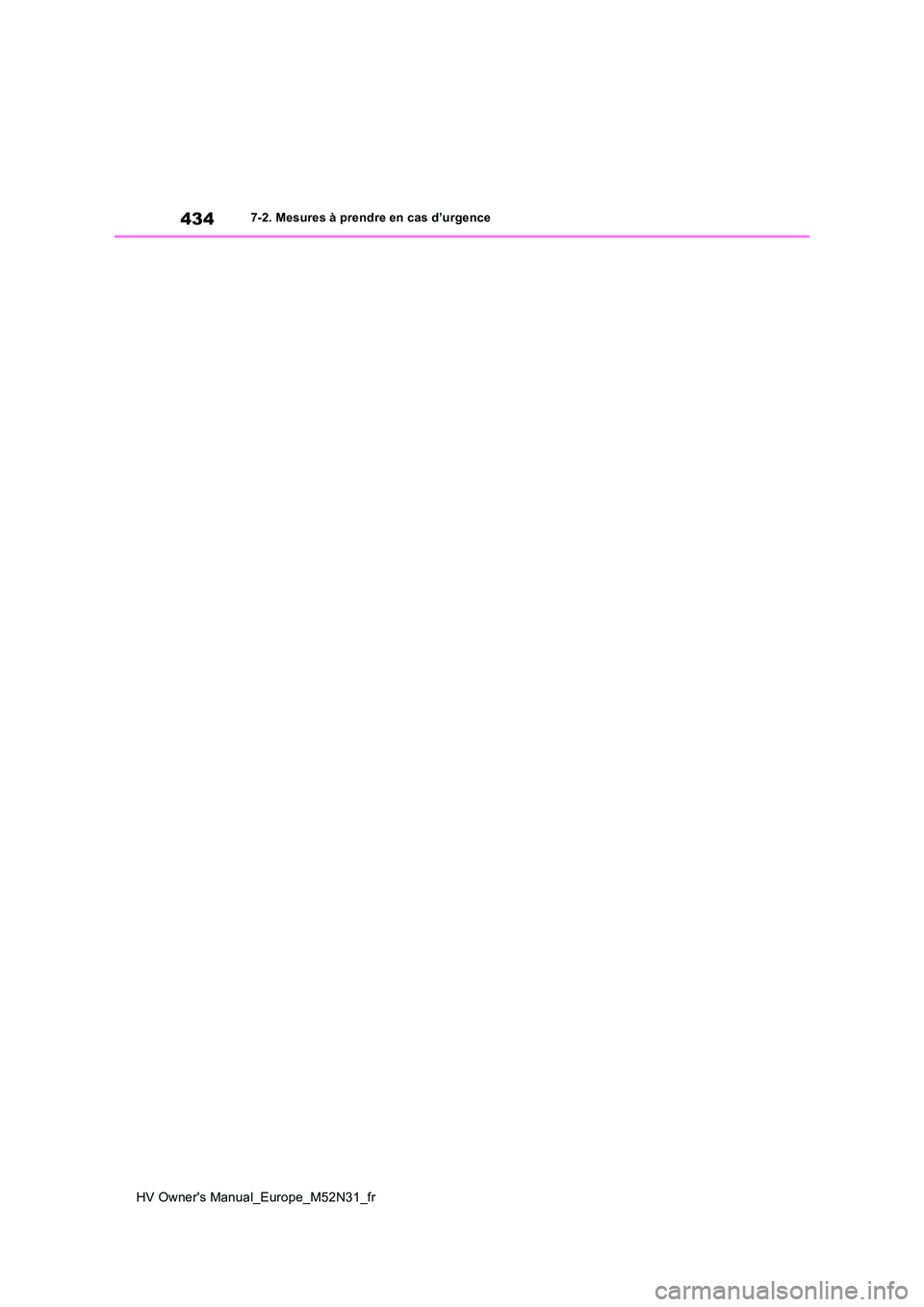TOYOTA YARIS 2022  Notices Demploi (in French) 434
HV Owner's Manual_Europe_M52N31_fr
7-2. Mesures à prendre en cas d’urgence 