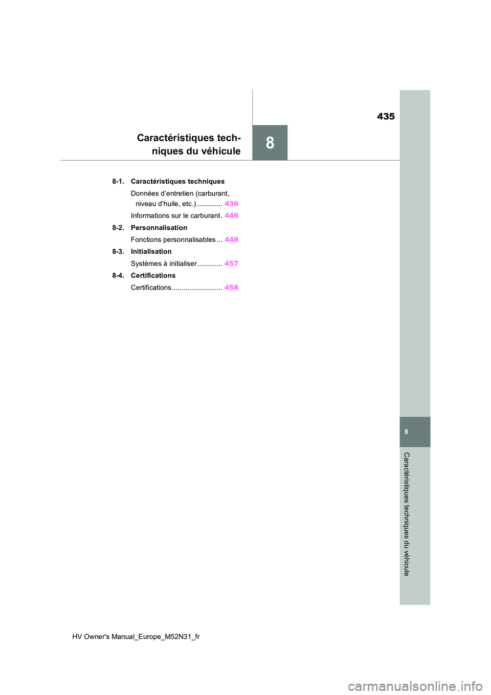 TOYOTA YARIS 2022  Notices Demploi (in French) 8
435
HV Owner's Manual_Europe_M52N31_fr
8
Caractéristiques techniques du véhicule
Caractéristiques tech- 
niques du véhicule
8-1. Caractéristiques techniques 
Données d’entretien (carbura