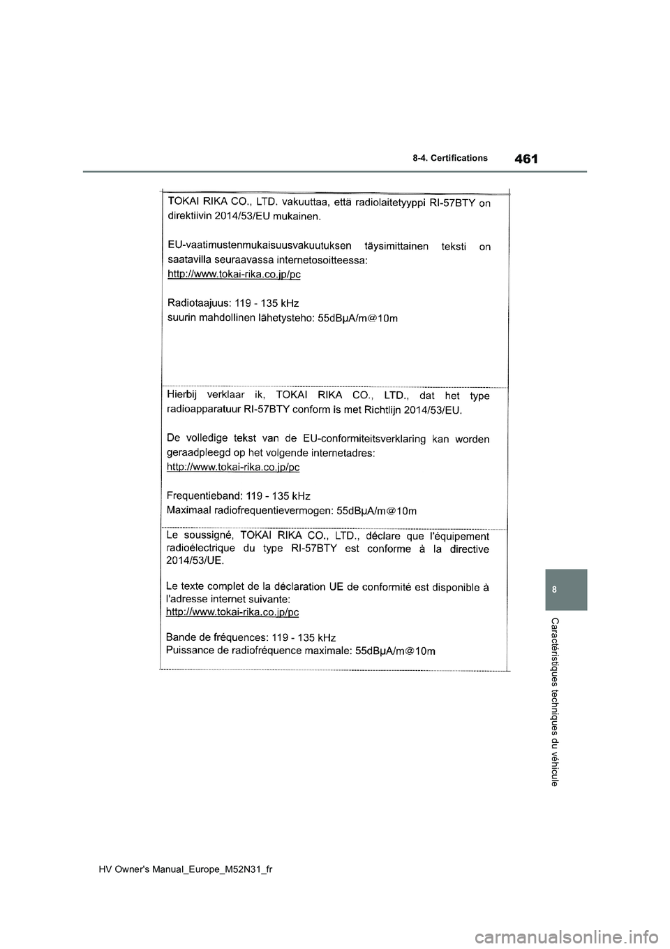 TOYOTA YARIS 2022 Notices Demploi (in French) 461
8
HV Owner's Manual_Europe_M52N31_fr
8-4. Certifications
Caractéristiques techniques du véhicule TOYOTA YARIS 2022 Notices Demploi (in French) 461
8
HV Owner's Manual_Europe_M52N31_fr
8-4. Certifications
Caractéristiques techniques du véhicule