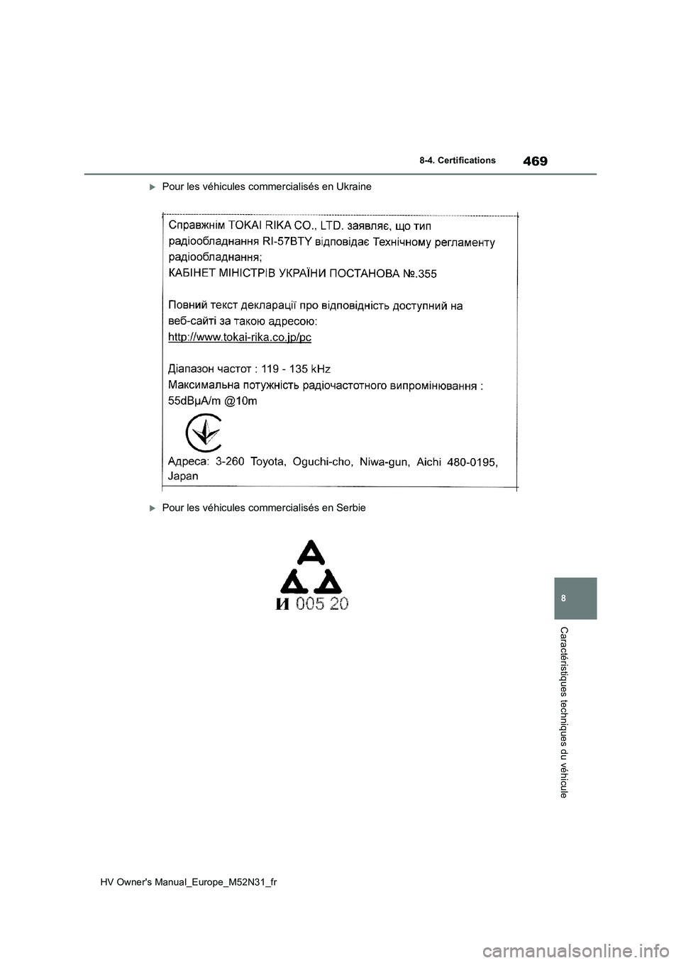 TOYOTA YARIS 2022 Notices Demploi (in French) 469
8
HV Owner's Manual_Europe_M52N31_fr
8-4. Certifications
Caractéristiques techniques du véhicule
Pour les véhicules commercialisés en Ukraine
Pour les véhicules commercialisés en S TOYOTA YARIS 2022 Notices Demploi (in French) 469
8
HV Owner's Manual_Europe_M52N31_fr
8-4. Certifications
Caractéristiques techniques du véhicule
Pour les véhicules commercialisés en Ukraine
Pour les véhicules commercialisés en S