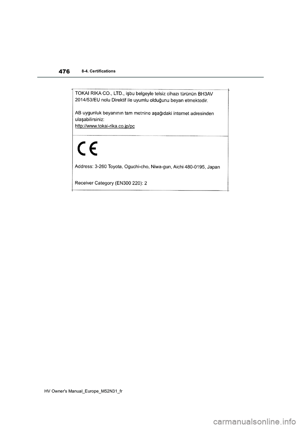 TOYOTA YARIS 2022 Notices Demploi (in French) 476
HV Owner's Manual_Europe_M52N31_fr
8-4. Certifications TOYOTA YARIS 2022 Notices Demploi (in French) 476
HV Owner's Manual_Europe_M52N31_fr
8-4. Certifications