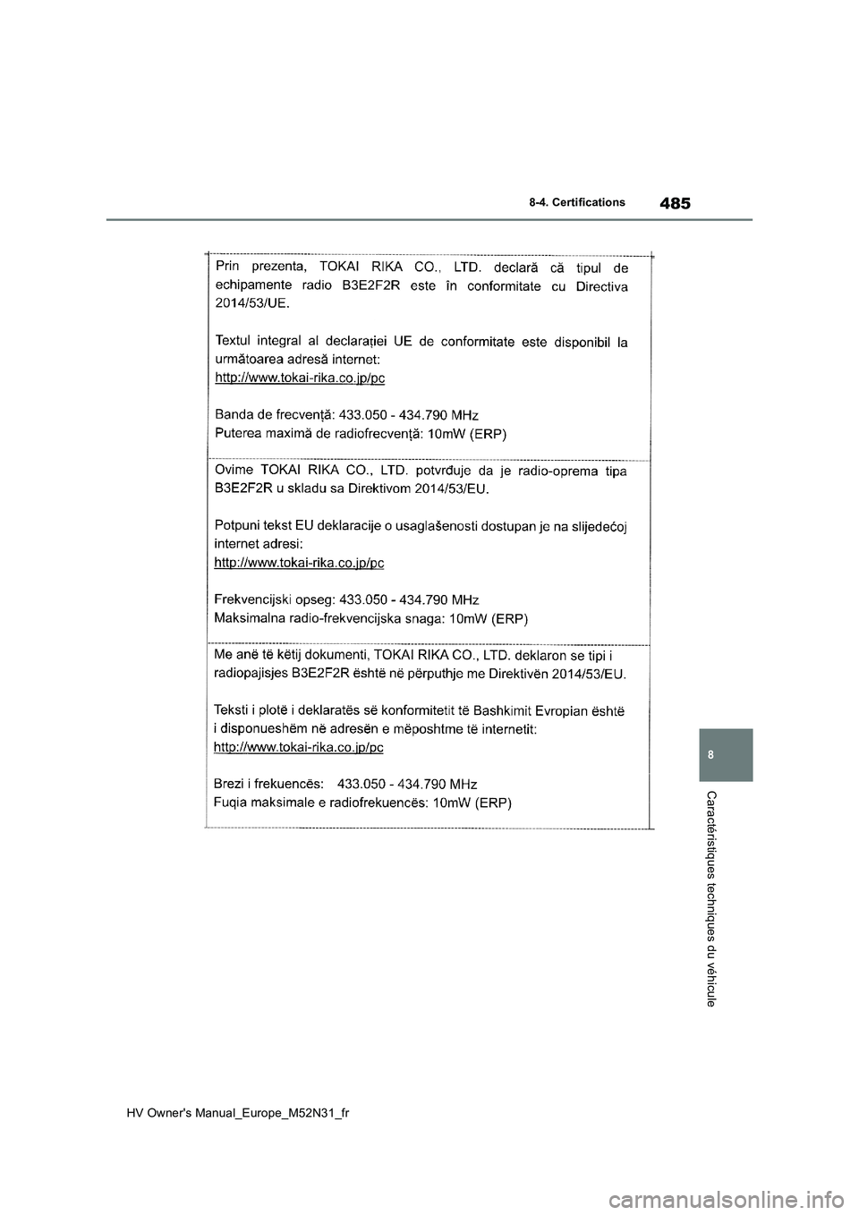TOYOTA YARIS 2022 Notices Demploi (in French) 485
8
HV Owner's Manual_Europe_M52N31_fr
8-4. Certifications
Caractéristiques techniques du véhicule TOYOTA YARIS 2022 Notices Demploi (in French) 485
8
HV Owner's Manual_Europe_M52N31_fr
8-4. Certifications
Caractéristiques techniques du véhicule