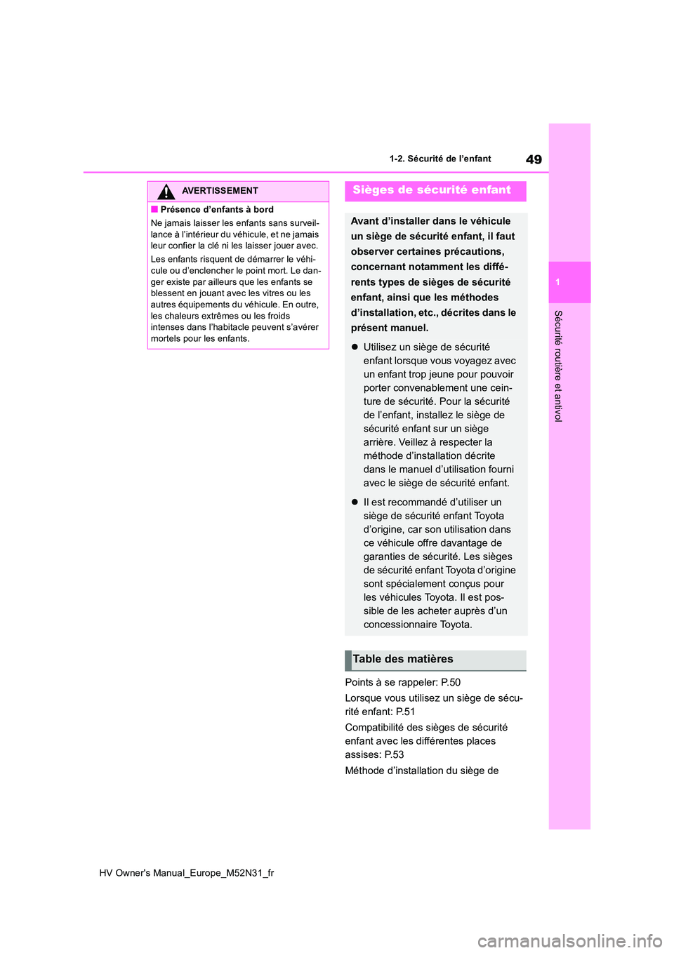 TOYOTA YARIS 2022 Notices Demploi (in French) 49
1
HV Owner's Manual_Europe_M52N31_fr
1-2. Sécurité de l’enfant
Sécurité routière et antivol
Points à se rappeler: P.50
Lorsque vous utilisez un siège de sécu-
rité enfant: P.51
Co TOYOTA YARIS 2022 Notices Demploi (in French) 49
1
HV Owner's Manual_Europe_M52N31_fr
1-2. Sécurité de l’enfant
Sécurité routière et antivol
Points à se rappeler: P.50
Lorsque vous utilisez un siège de sécu-
rité enfant: P.51
Co