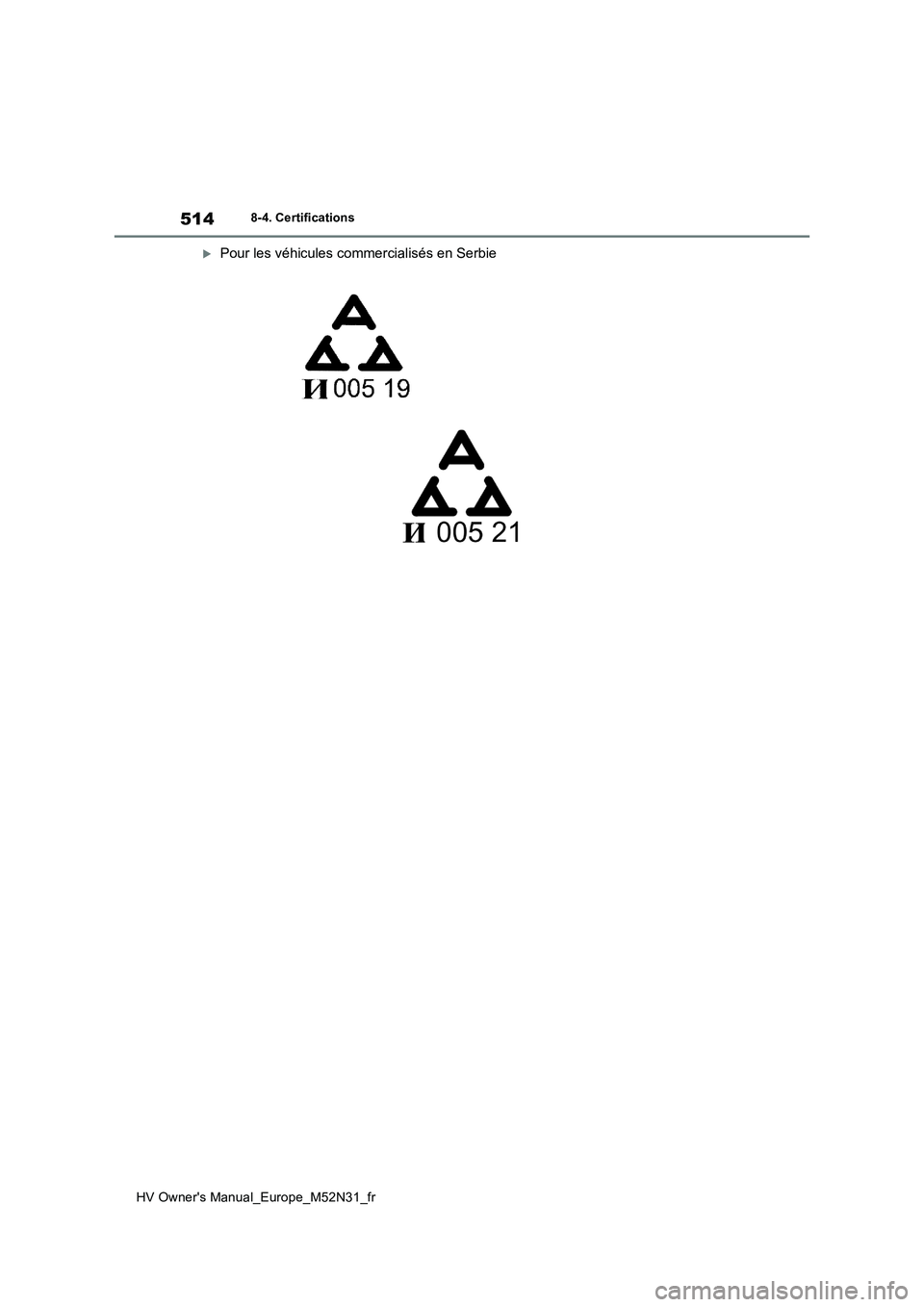 TOYOTA YARIS 2022  Notices Demploi (in French) 514
HV Owner's Manual_Europe_M52N31_fr
8-4. Certifications
Pour les véhicules commercialisés en Serbie 