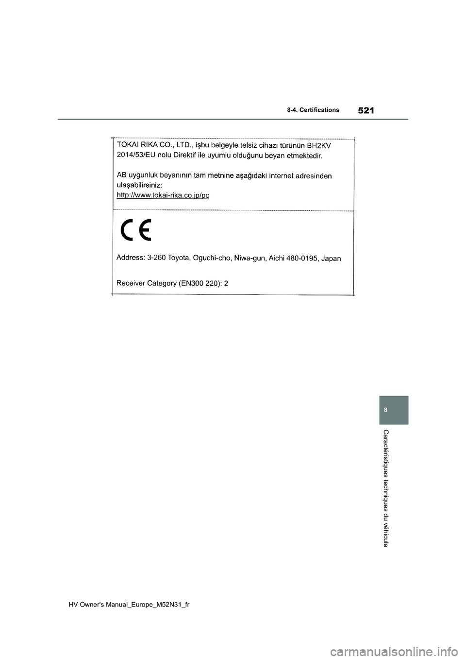TOYOTA YARIS 2022  Notices Demploi (in French) 521
8
HV Owner's Manual_Europe_M52N31_fr
8-4. Certifications
Caractéristiques techniques du véhicule 