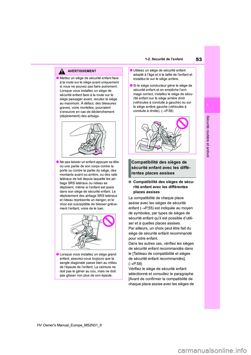 TOYOTA YARIS 2022 Notices Demploi (in French) 53
1
HV Owner's Manual_Europe_M52N31_fr
1-2. Sécurité de l’enfant
Sécurité routière et antivol
■Compatibilité des sièges de sécu-
rité enfant avec les différentes
places assises
L TOYOTA YARIS 2022 Notices Demploi (in French) 53
1
HV Owner's Manual_Europe_M52N31_fr
1-2. Sécurité de l’enfant
Sécurité routière et antivol
■Compatibilité des sièges de sécu-
rité enfant avec les différentes
places assises
L