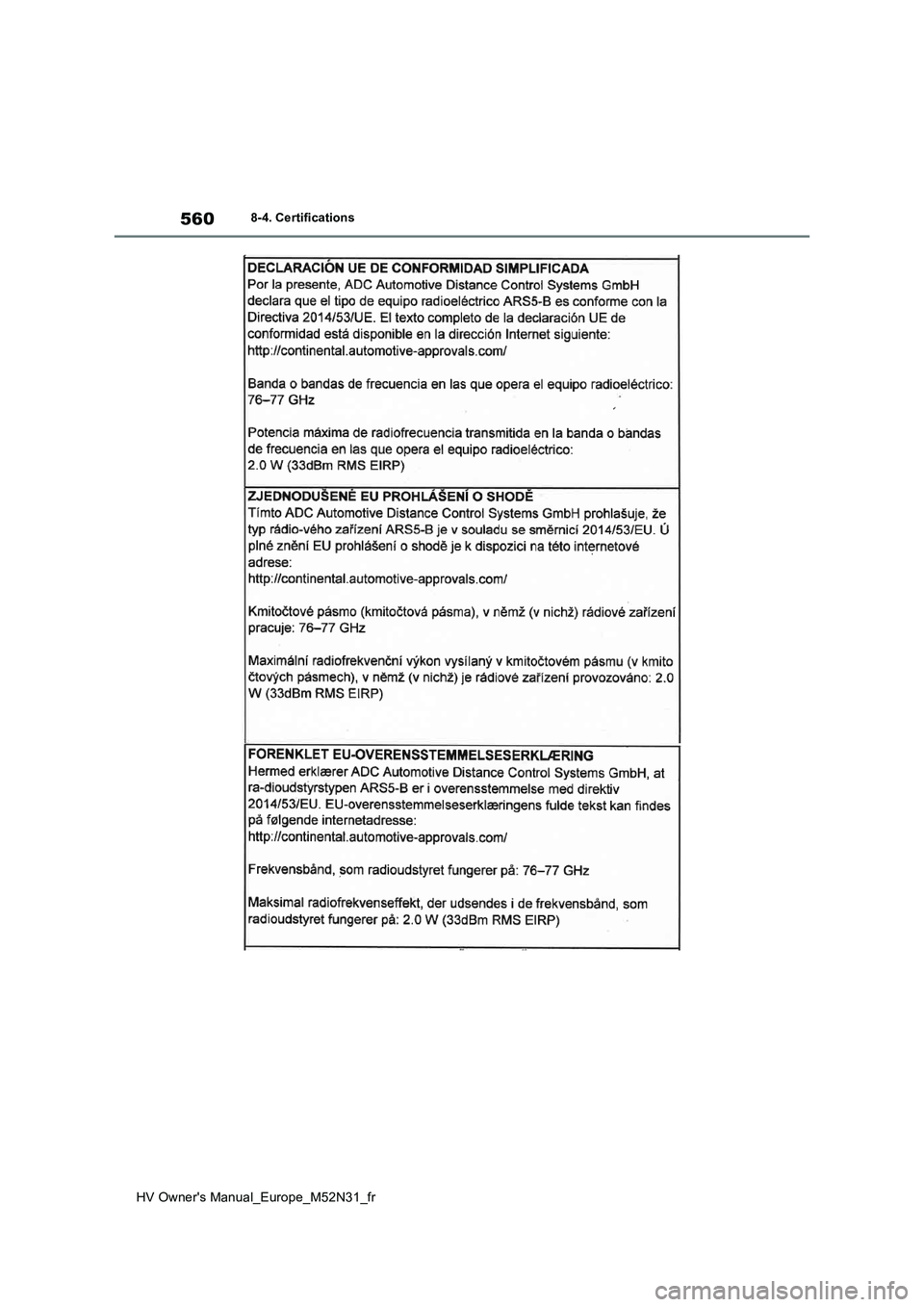 TOYOTA YARIS 2022 Notices Demploi (in French) 560
HV Owner's Manual_Europe_M52N31_fr
8-4. Certifications TOYOTA YARIS 2022 Notices Demploi (in French) 560
HV Owner's Manual_Europe_M52N31_fr
8-4. Certifications