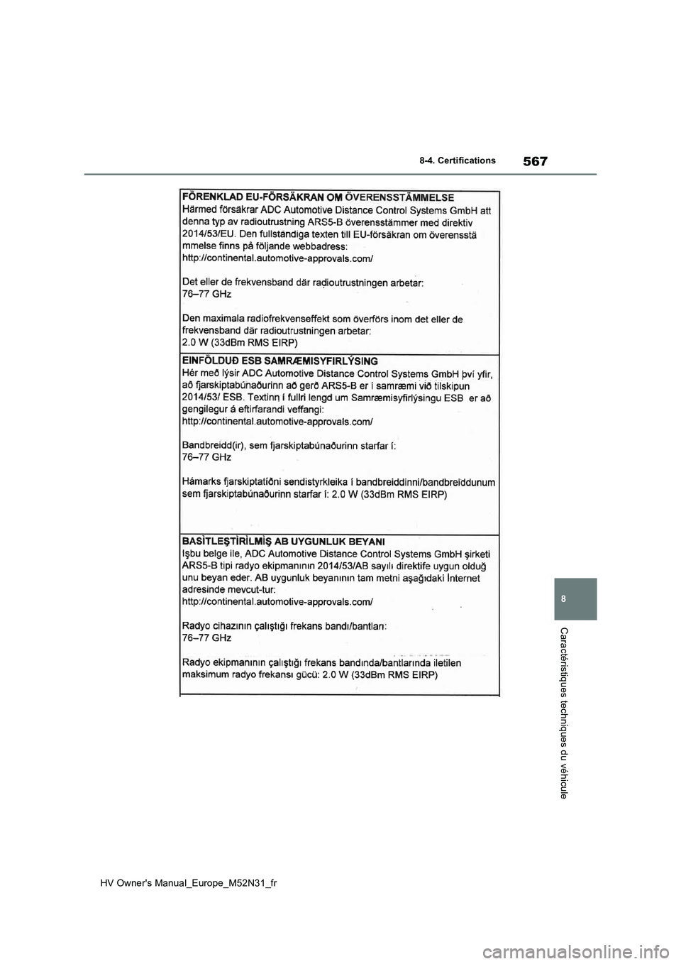 TOYOTA YARIS 2022 Notices Demploi (in French) 567
8
HV Owner's Manual_Europe_M52N31_fr
8-4. Certifications
Caractéristiques techniques du véhicule TOYOTA YARIS 2022 Notices Demploi (in French) 567
8
HV Owner's Manual_Europe_M52N31_fr
8-4. Certifications
Caractéristiques techniques du véhicule