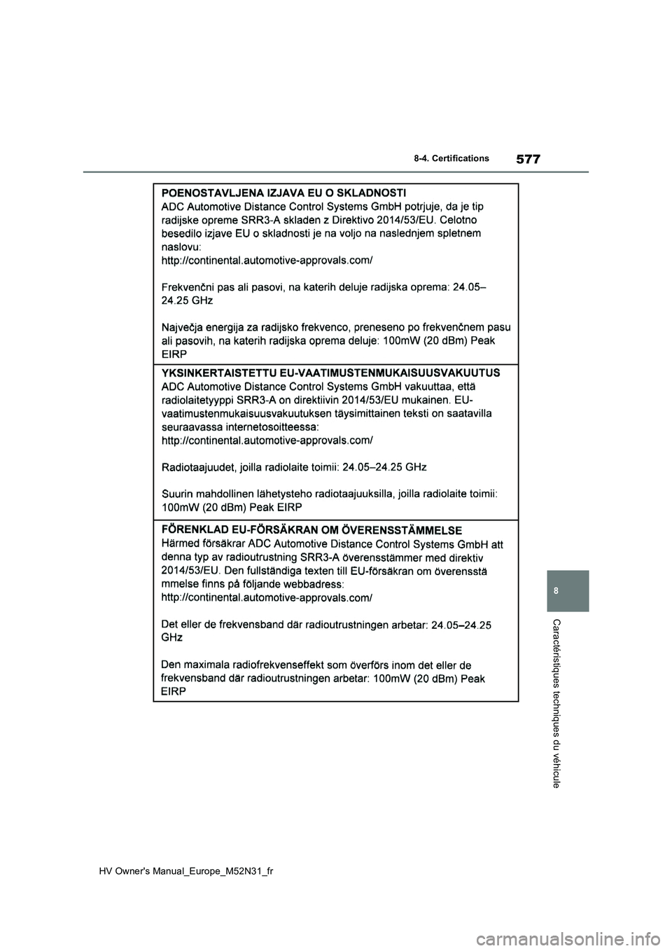 TOYOTA YARIS 2022  Notices Demploi (in French) 577
8
HV Owner's Manual_Europe_M52N31_fr
8-4. Certifications
Caractéristiques techniques du véhicule 