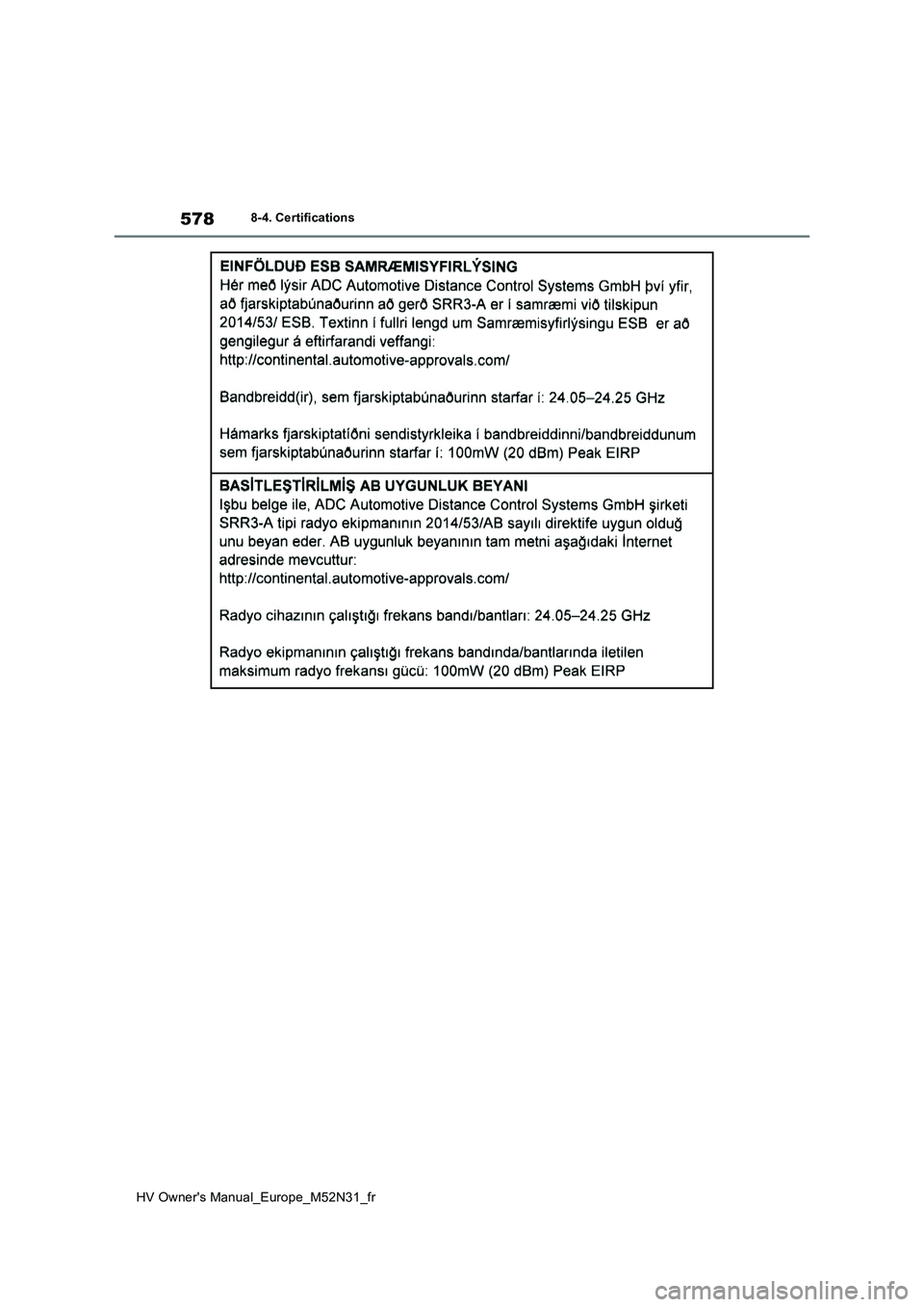 TOYOTA YARIS 2022  Notices Demploi (in French) 578
HV Owner's Manual_Europe_M52N31_fr
8-4. Certifications 