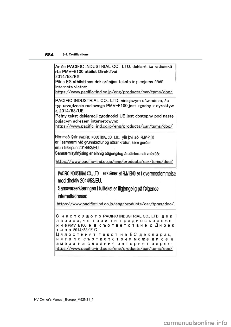 TOYOTA YARIS 2022  Notices Demploi (in French) 584
HV Owner's Manual_Europe_M52N31_fr
8-4. Certifications 